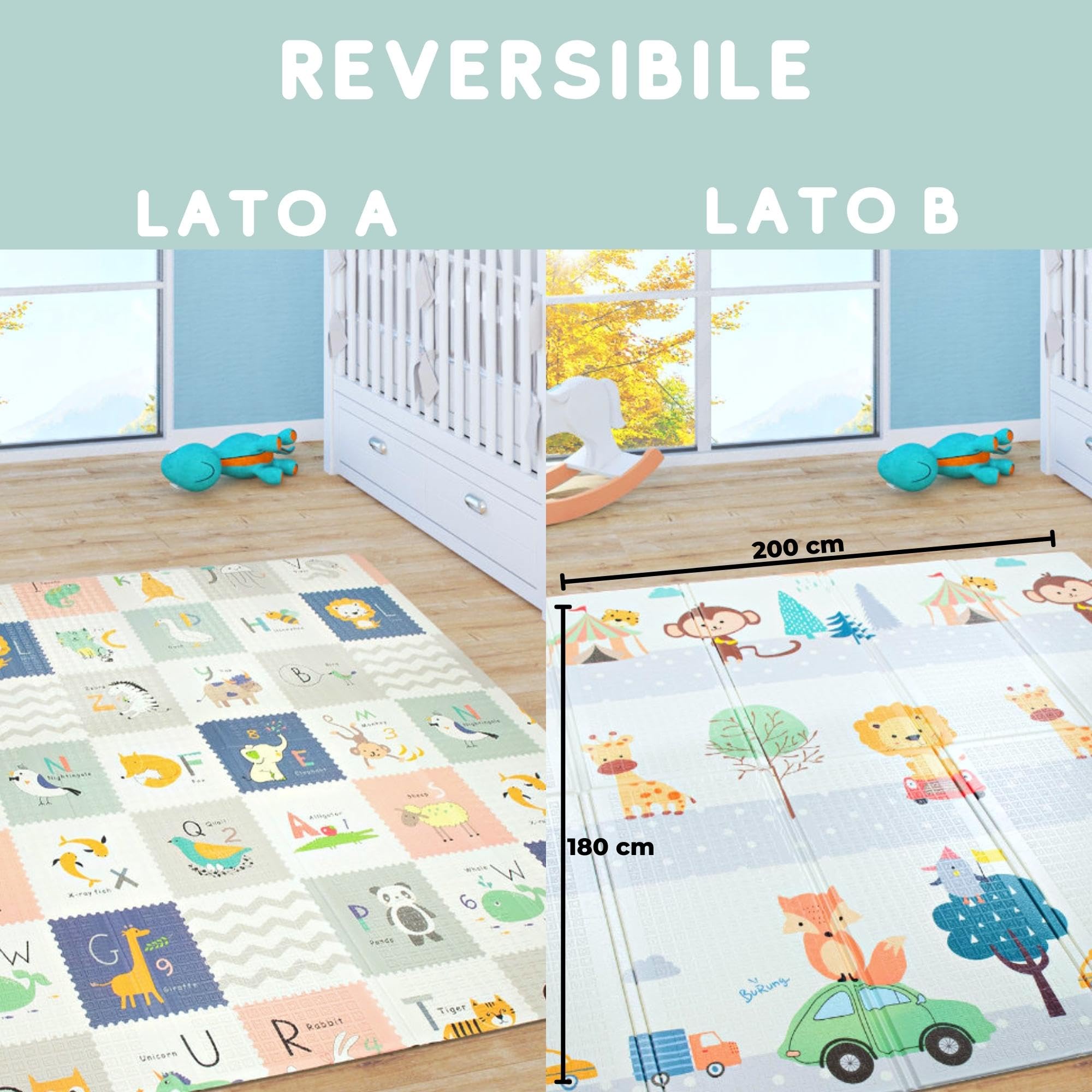 HuBorns - Tappeto Gioco Bambini Pieghevole 200x180 cm, Reversible, Impermeabile e con Bordi Cuciti, Tappeto Gioco Neonato per una Sicurezza Extra per il Neonato, Morbido Tappeto Neonato Gattonamento