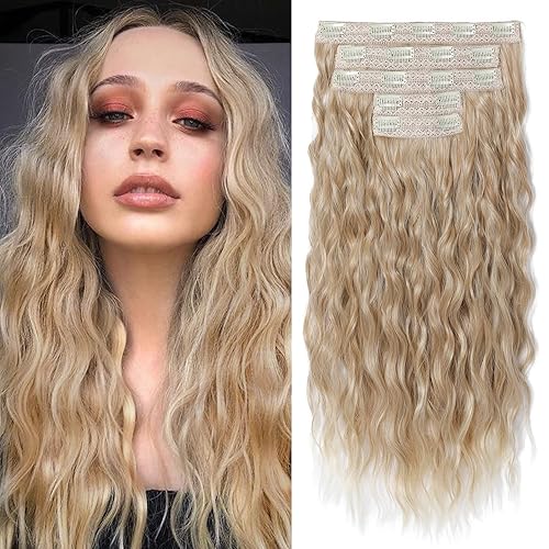 REECHO Extensiones de cabello con pinzas, 5 extensiones de cabello rubio de 24 pulgadas de grosor, largas y sueltas, extensiones de cabello con