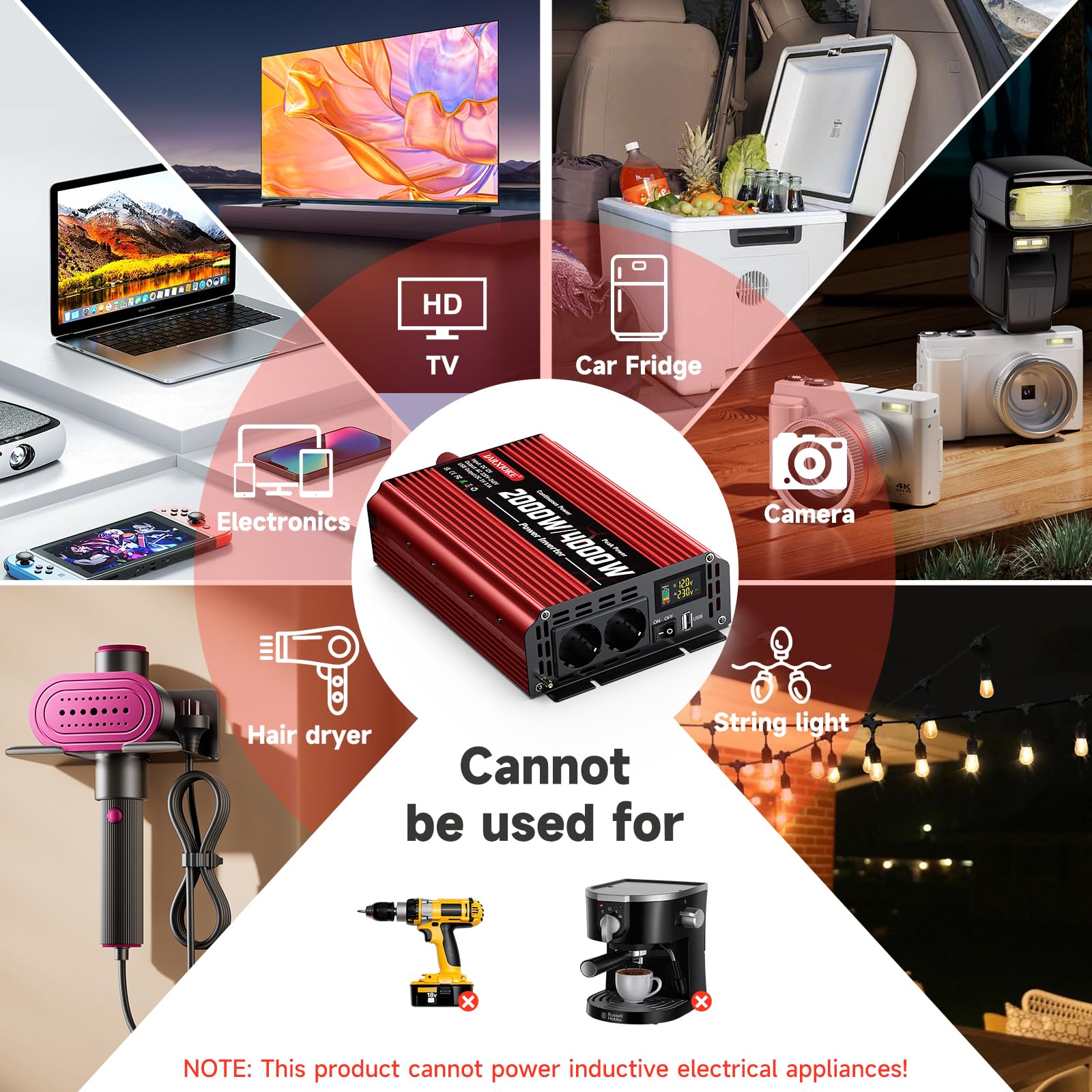 Przetwornica napięcia 2000 W, DC 12 V na AC 230 V, 2 gniazda AC i port USB, przetwornik prądu z wyświetlaczem LCD, do samochodów osobowych, przyczep kempingowych, ciężarówek