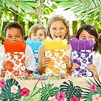 Vista 6 de Teling Juego de 36 bolsas de papel con temática hawaiana de hibisco con pañuelos, regalo tropical de verano Tiki Luau, bolsas de golosinas hawaianas