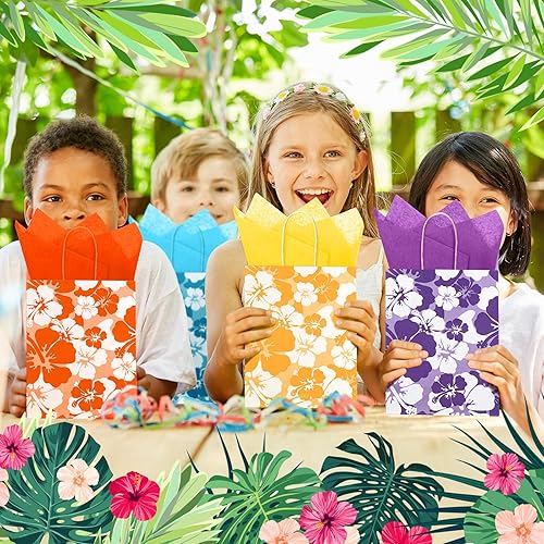 Miniatura 6 de Teling 36 bolsas de papel con temática hawaiana de hibisco con asas, regalo tropical de verano Tiki Luau, bolsas de golosinas hawaianas para niños,