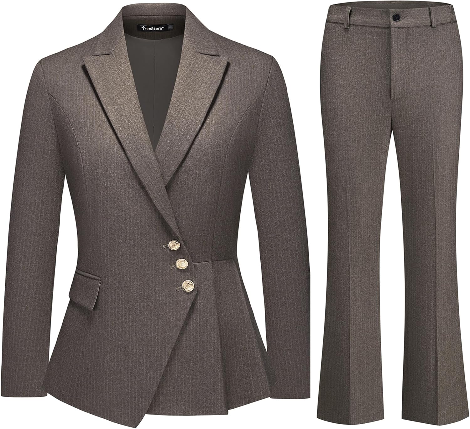 TRONSTORE Women's 2 Piece Pinstripe Suit Set Slim Fit Asymmetric Blazer Bootcut Pants Formal Outfit for Women Office Business
