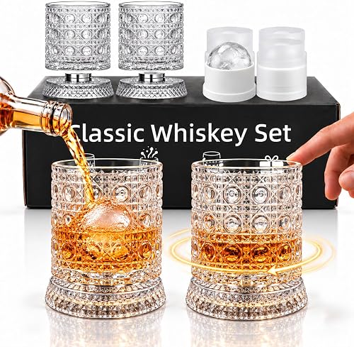 Spinning Whiskey Glass, Old-Fashioned Tumbler, Gem Cut Set of 4