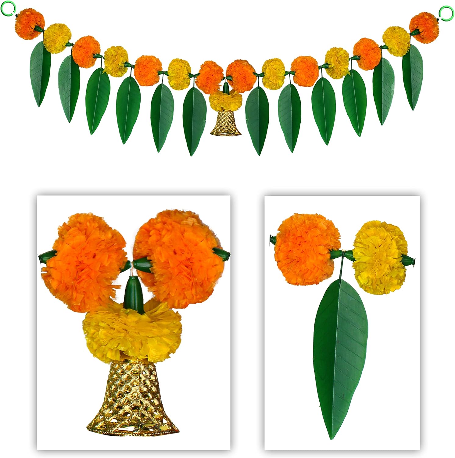 iHandikart Handmade Pack of 2 Artificial Marigold Aam Patta Toran with Bell 38×8 Inch Traditional Door Hanging for Makar Sankranti & Lohri Home Entrance, Pooja Room & Housewarming Decor (IHK-31381-2)