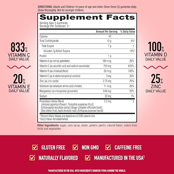 Airborne Immune Support Gummies, Assorted Fruit Flavor, 63 Ct - 750 mg Vitamin C + Vitamins A, D & E + Zinc, Selenium, and Manganese | with Herbal Blend | Naturally Flavored