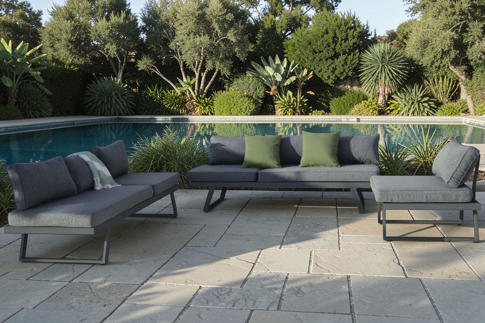 ALEOS. Gartenlounge Lounge aus Aluminium Multifunktionslounge Loungeecke Lounge Set Loungegarnitur Sitzgruppe Doppelliege Sofagarnitur Cancun grau anthrazit mit bequemen Kissen