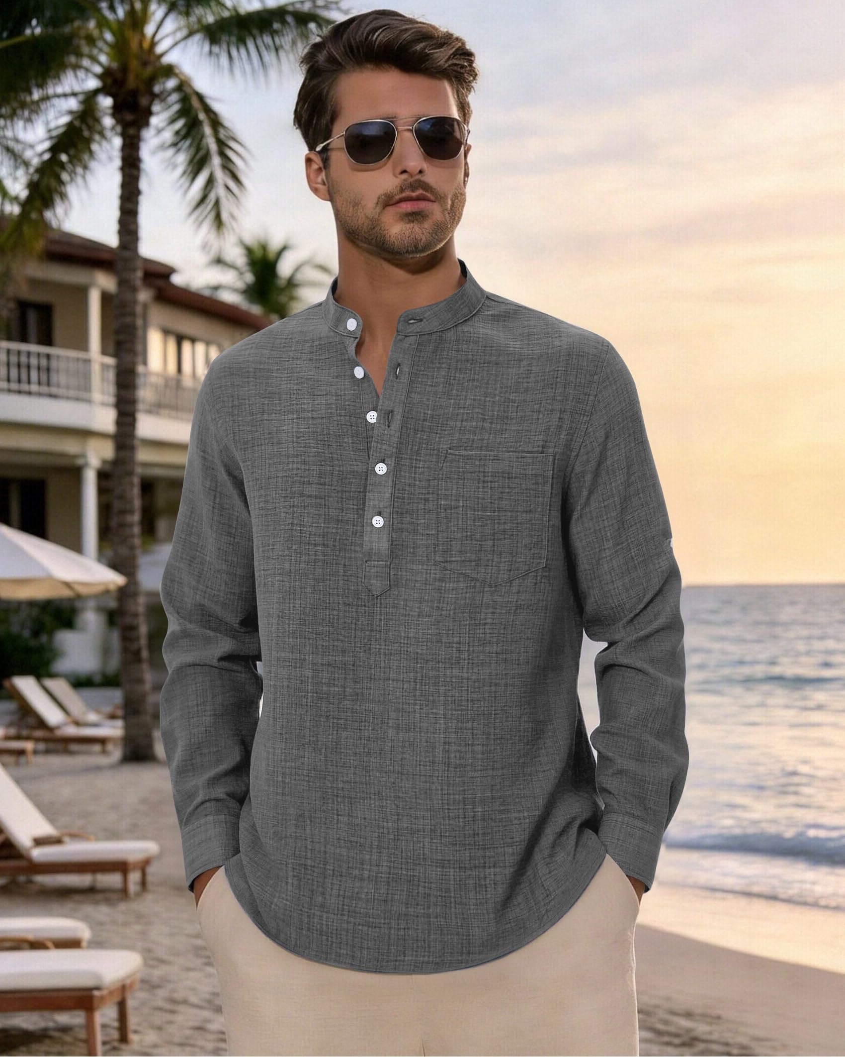 Alimens & Gentle Leinenhemd Herren Langarm Hemden Henley Sommer Baumwolle Atmungsaktiv Strandhemd Freizeit Urlaub Herrenhemd