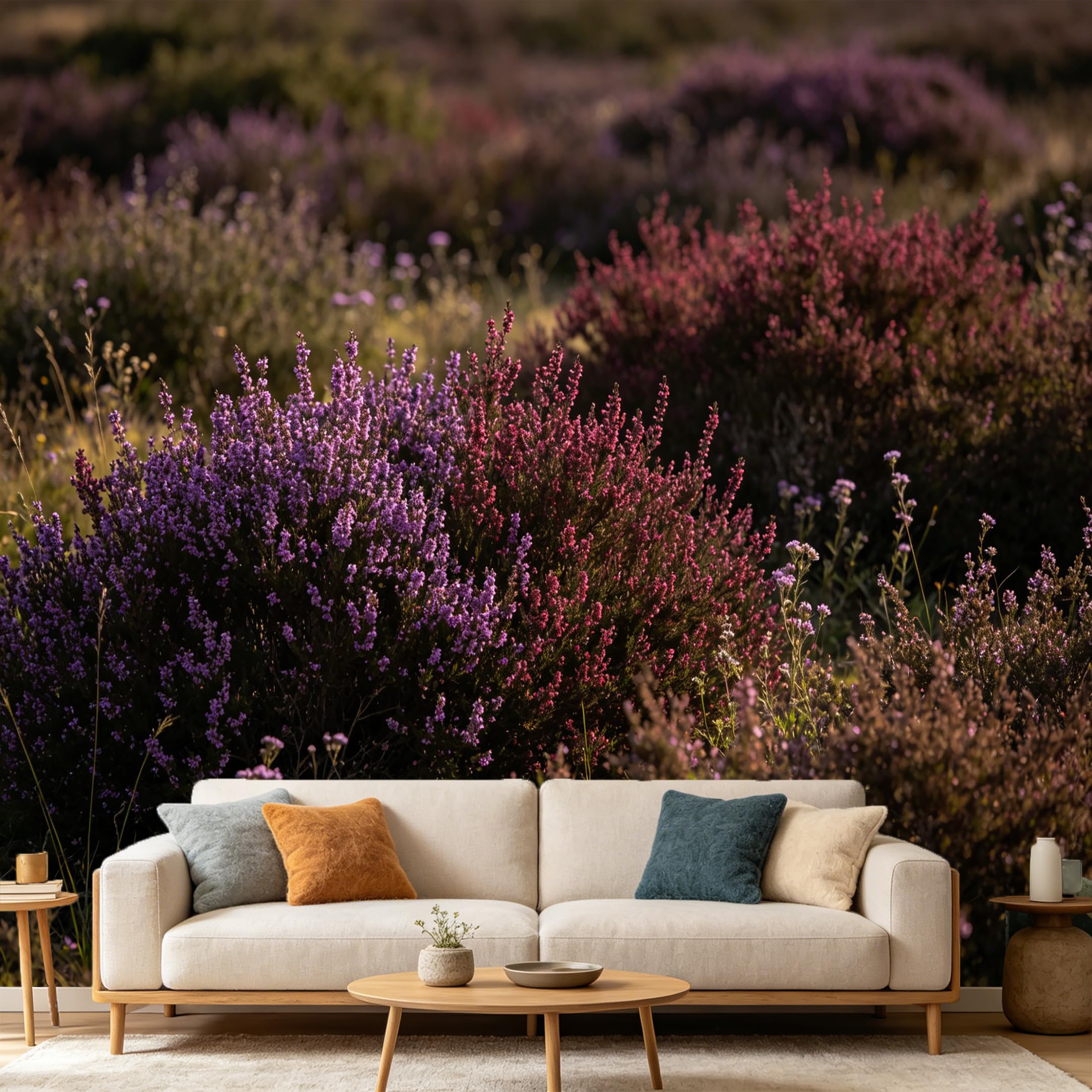 Custom Size Wall Mural Botanical Purple Wildflower Meadow Landscape Sunset SelfAdhesive Art Prints wall Fabric（No PVC） Removable Wallpaper Home Bedroom Decor
