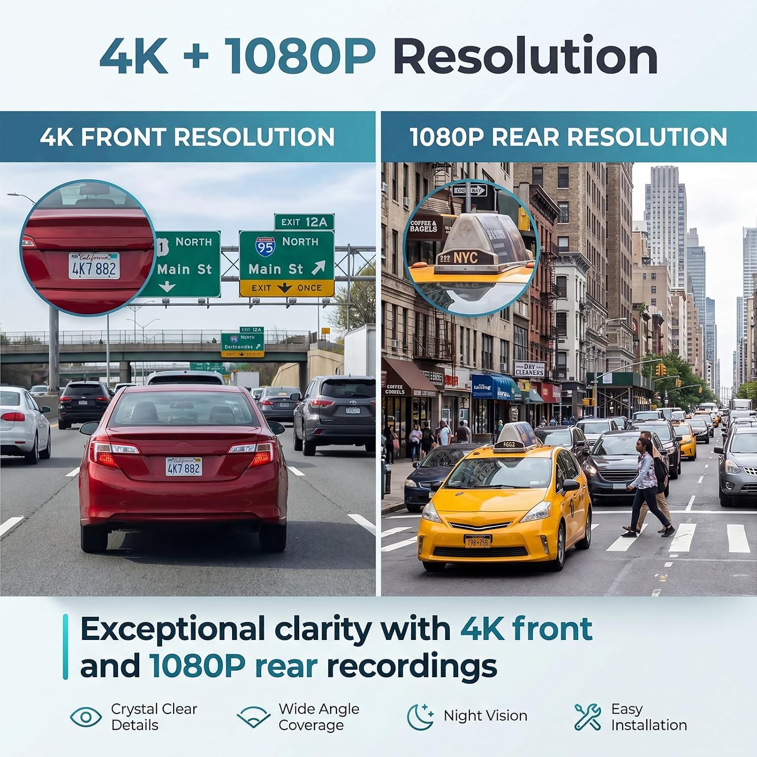 CAMECHO Dashcam 4K con telecamera posteriore per auto, 1080P, 30 fps, Wi-Fi, video con sensore G, registrazione in loop, accessori OEM
