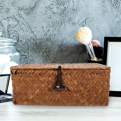 Miniatura 7 de BESPORTBLE Cestas de almacenamiento de pastos marinos con tapa, cestas de algas marinas de 9 pulgadas, cesta tejida a mano, organizador multiusos