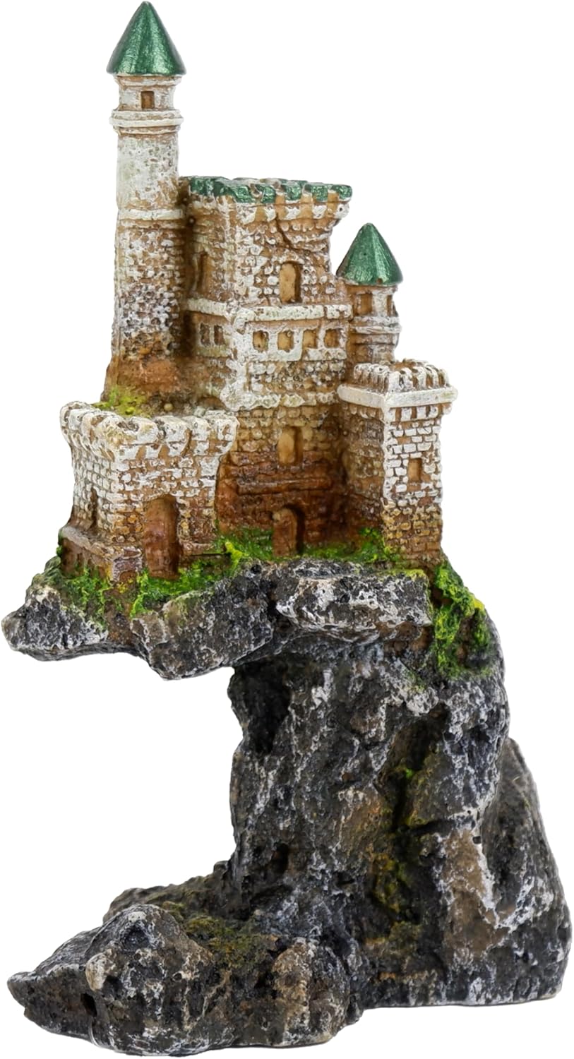 CLASSIC Castle on Cliff Aquarium Ornament – Tall Medieval Fish Tank Decoration with Rocky Base – 105 x 70 x 175mm