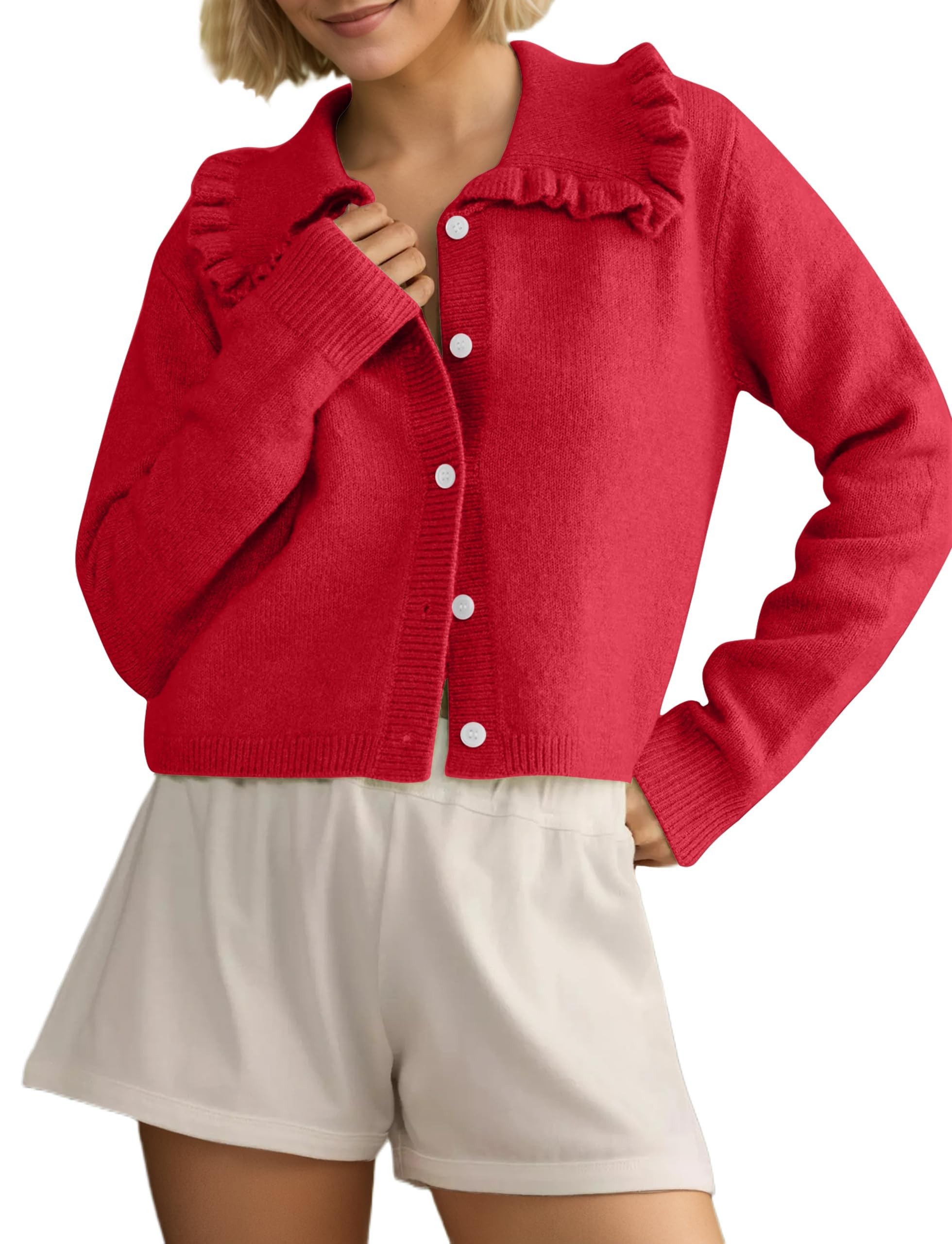 MISSACTIVER Women Ruffle Collar Cropped Cardigan Casual Lapel Button Down Sweaters Long Sleeve Open Front Knit Jacket