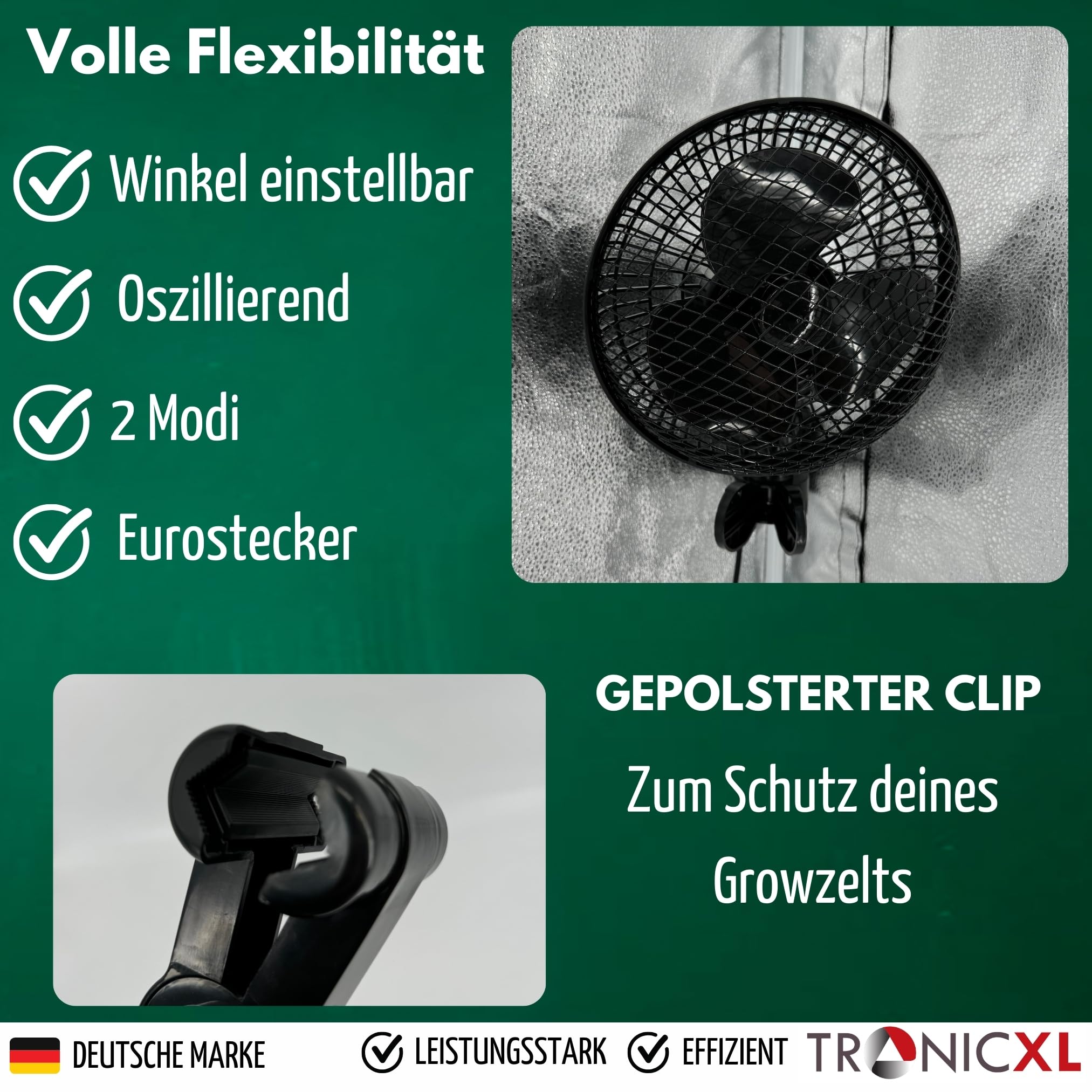 TronicXL Premium Oszillierender Grow Clip Ventilator oszillierend I Extra groß I kompatibel mit Growbox für Growboxen Belüftung Zuluft Abluft Umluft Grower Fan Lüfter