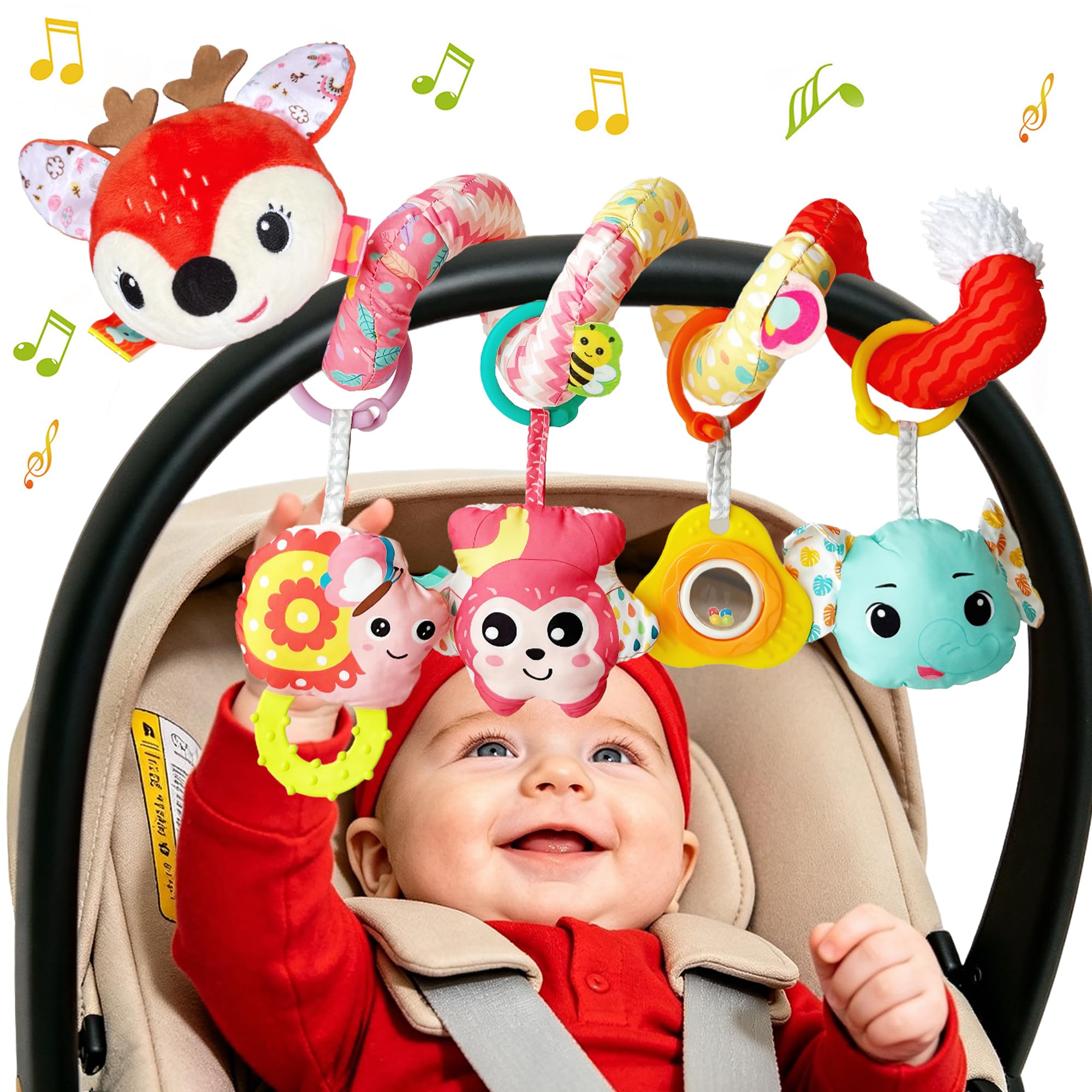 Spirale Passeggino Neonato Giochi 0-3 Mesi, Neonato Accessori Utili, Sonaglio Giochi Passeggino con Musicali, Regali per Neonati per Bambini da 6 a 12 Mesi, Peluche Cervo