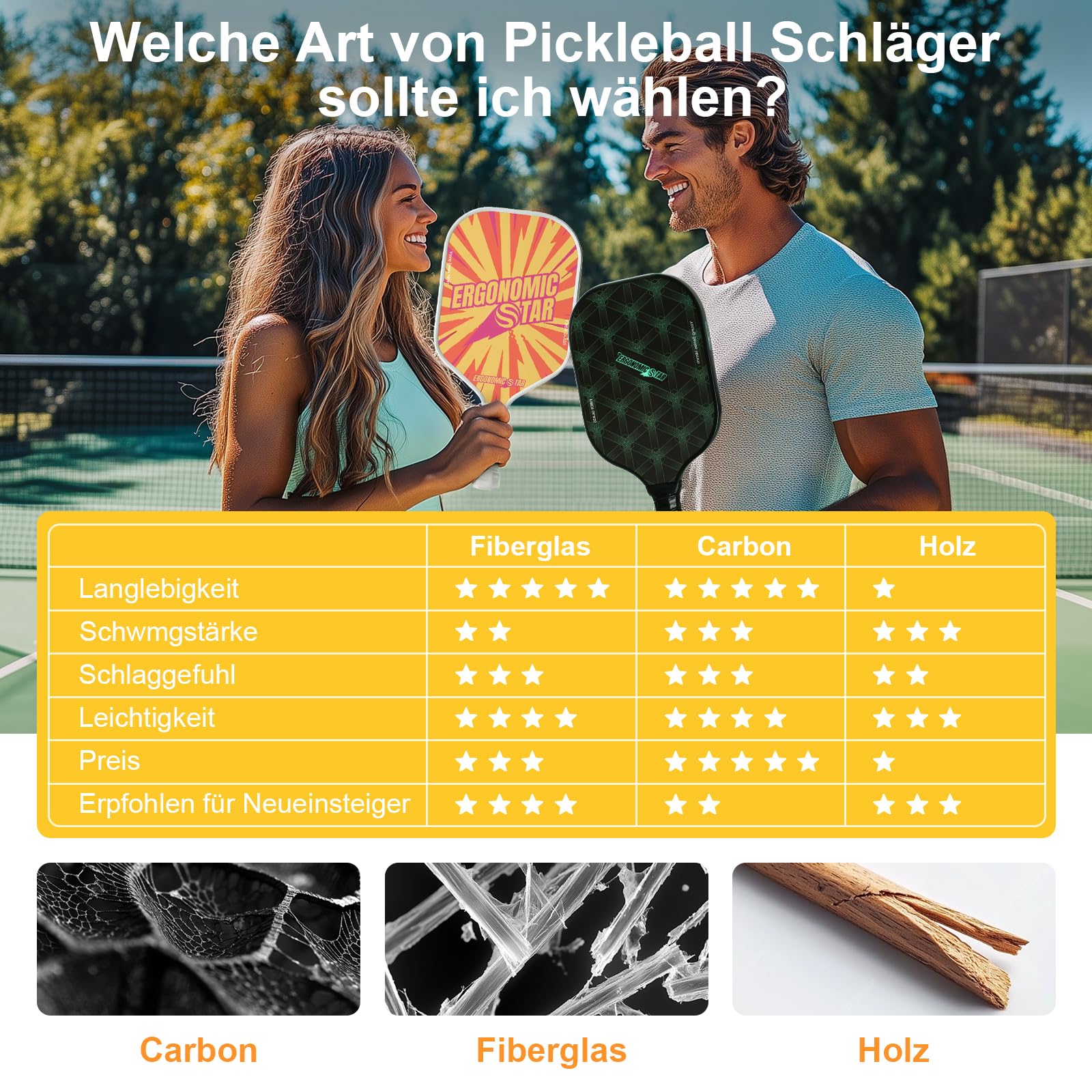 Pickleball Set Fiberglas Pickleball Schläger mit 4 Bällen und Tragetasche Paddel Schutz, Leicht Pick-up-Schläger für Anfänge Drinnen und Draußen