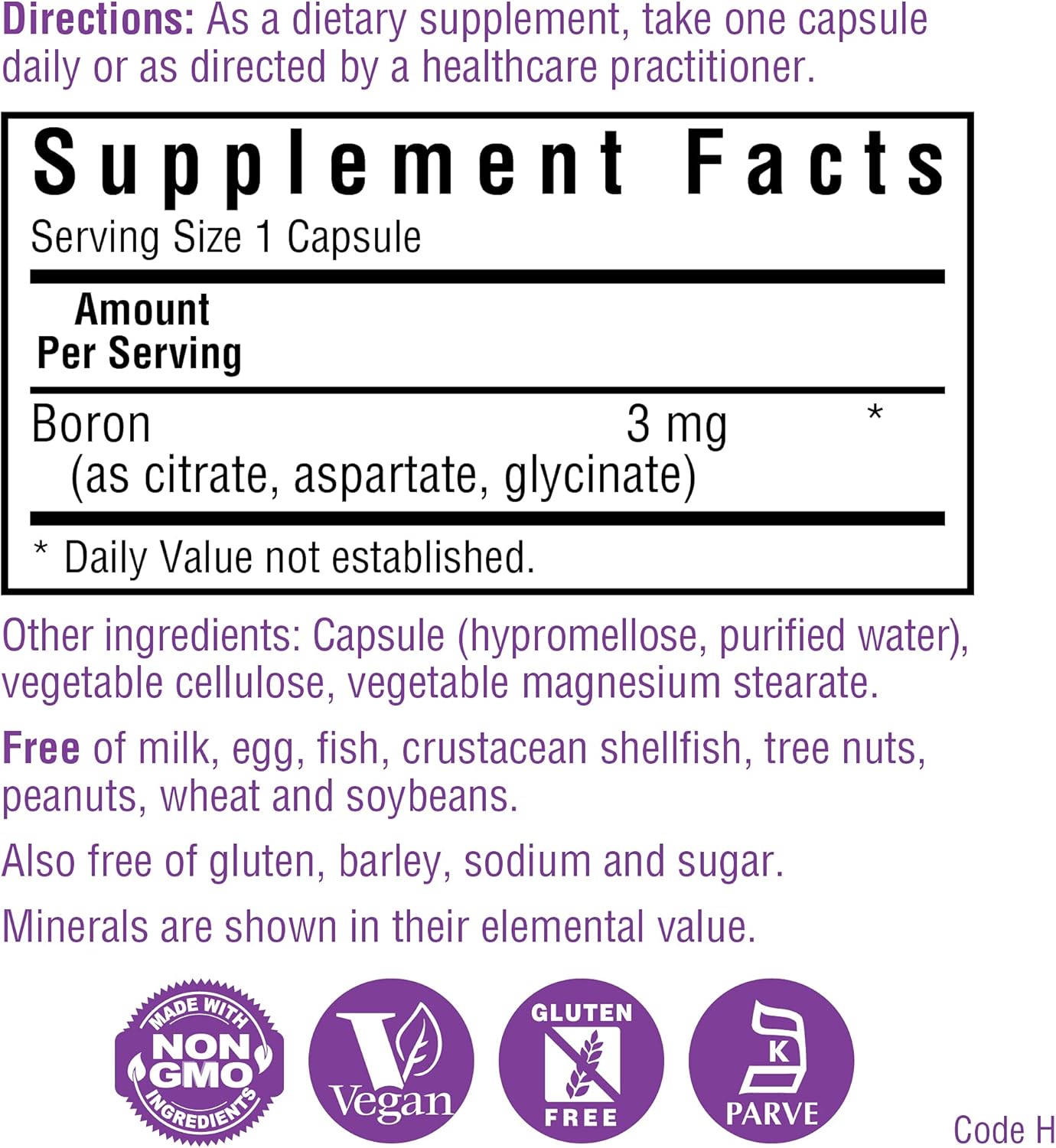 BlueBonnet Triple Boron Vegetarian Capsules 3 mg, White, 90 Count : Health & Household