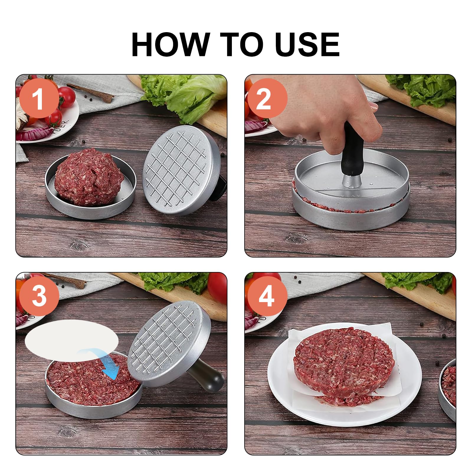 Presse à Steak Haché, Moule 4.6 inch, 100 Feuilles Papier Ciré, Presse Burger Poignée Confortable