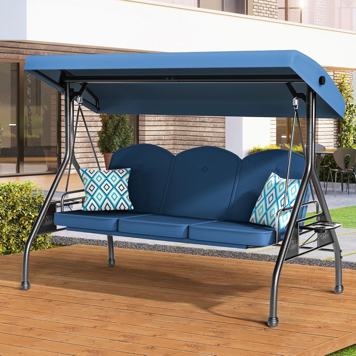 ZZW 3 Seat Outdoor Porch Patio Swing with Stand 800lbs 2-in-1 Convertible Swing Bed with Adjustable Canopy &amp; Removable Cushion for Yard Garden Deck (Blue, Round Tube)