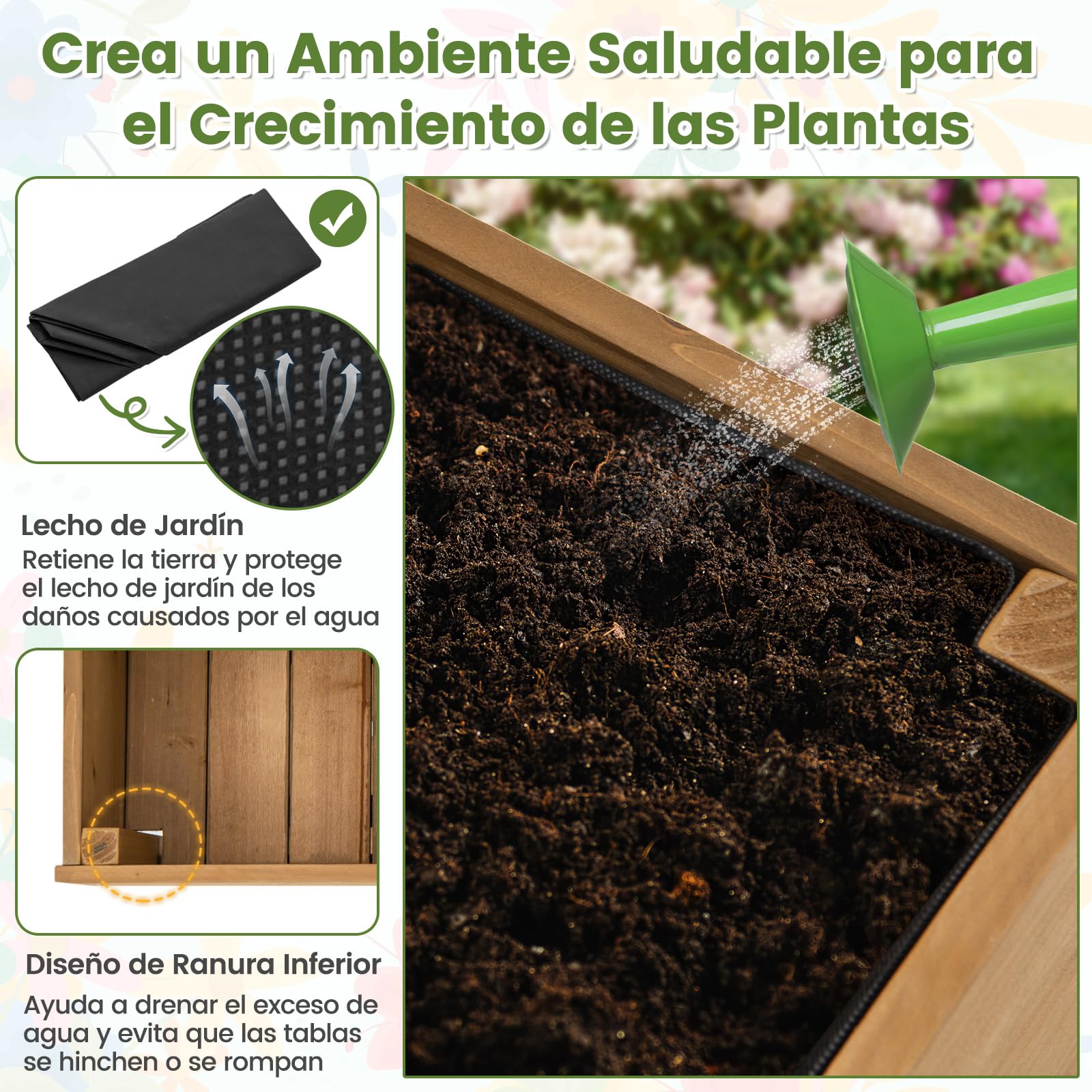COSTWAY Huerto Urbano Elevado de Madera con Enrejado, Cama de Jardín Elevado Móvil con Ruedas Bloqueables, Forro de Tela, Jardinera de Plantas para Interiores y Exteriores, 90 x 29 x 129 cm