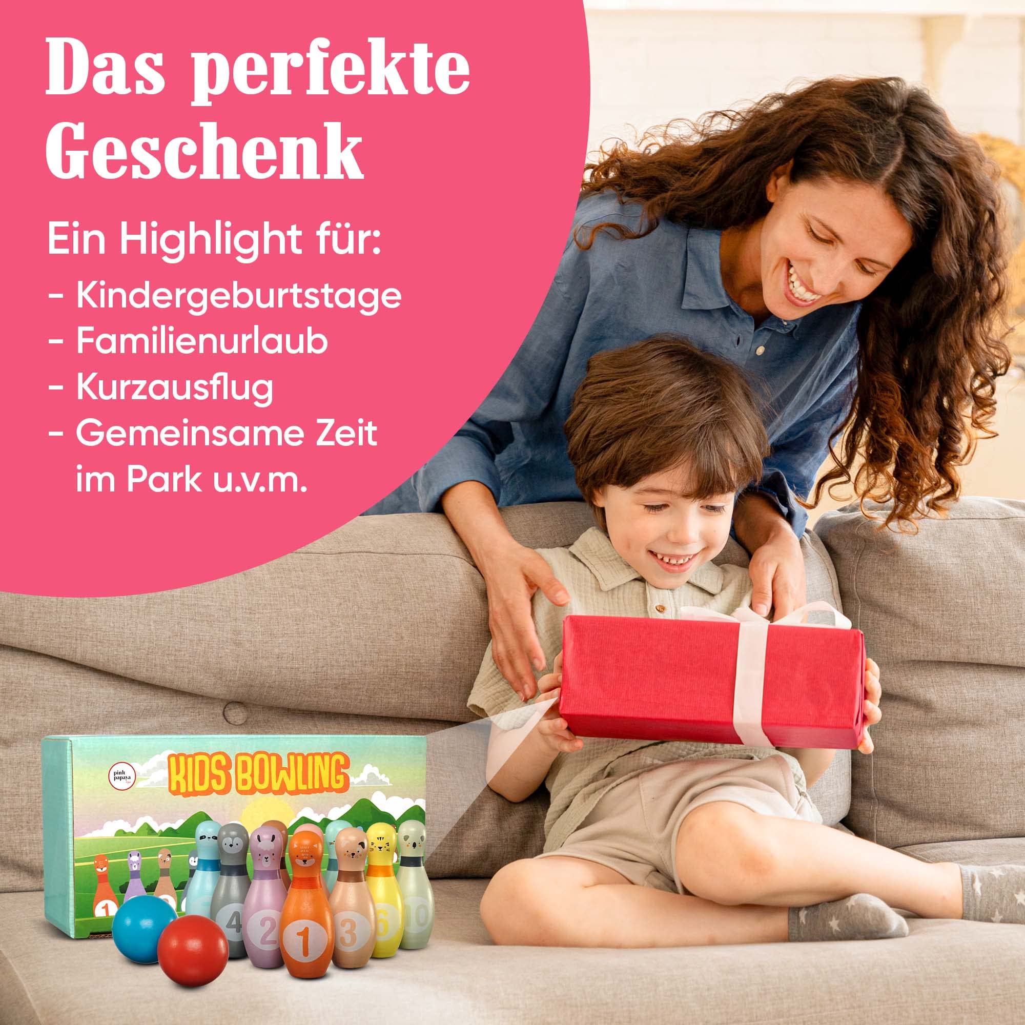 Pink Papaya Kegelspiel für Kinder | 12 teiliges Bowling Set | Spielzeug aus Holz | Outdoor & Indoor Spielzeug | schult & fördert Ihr Kind