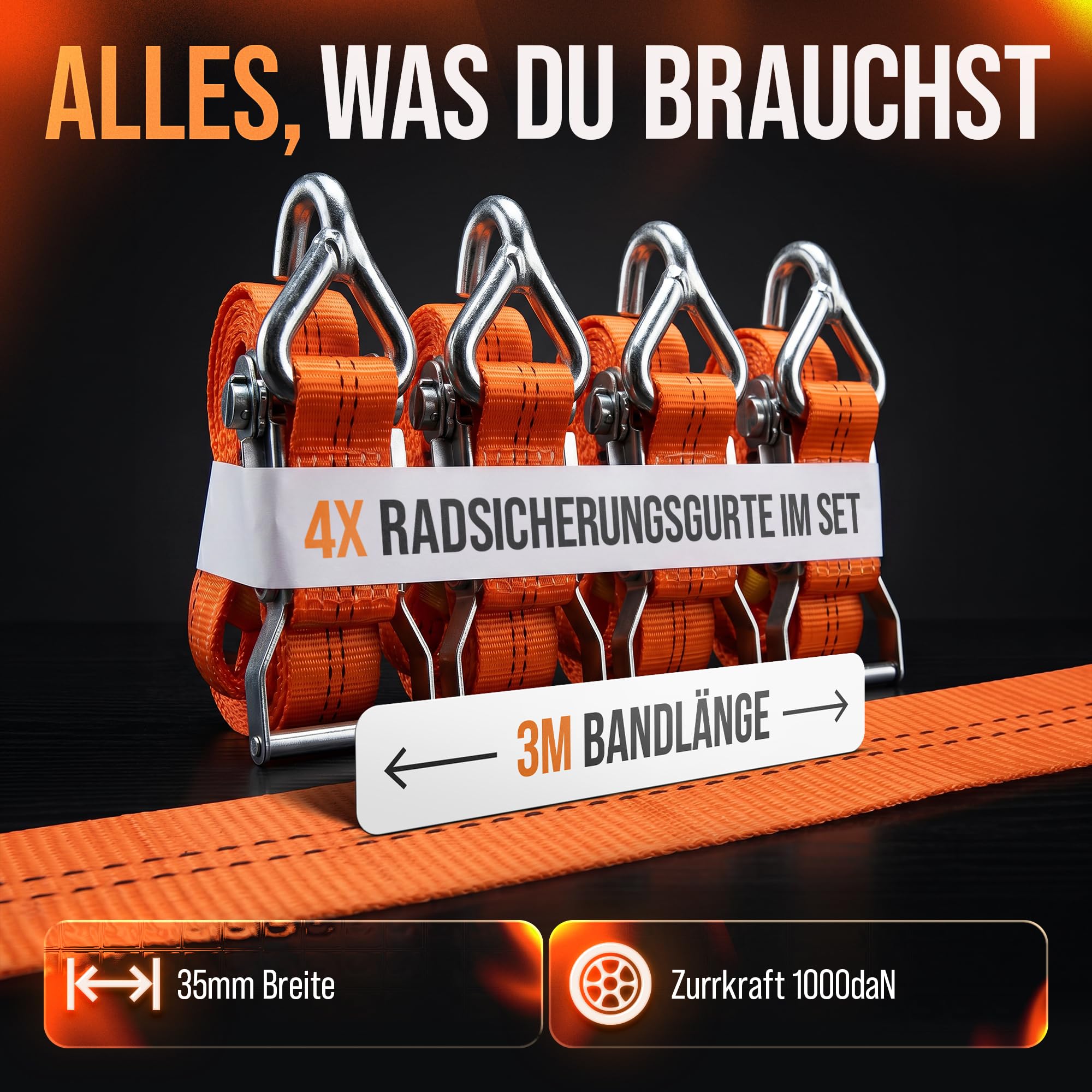 SHZ Spanngurte Autotransport mit Ratsche 4 Stück | 3mx35mm 1000 daN (4x21) | Spanngurt Ratschengurt zur Radsicherung mit stabilen Spitzhaken | Reifengurt für PKW und KFZ auf Anhänger und Trailer