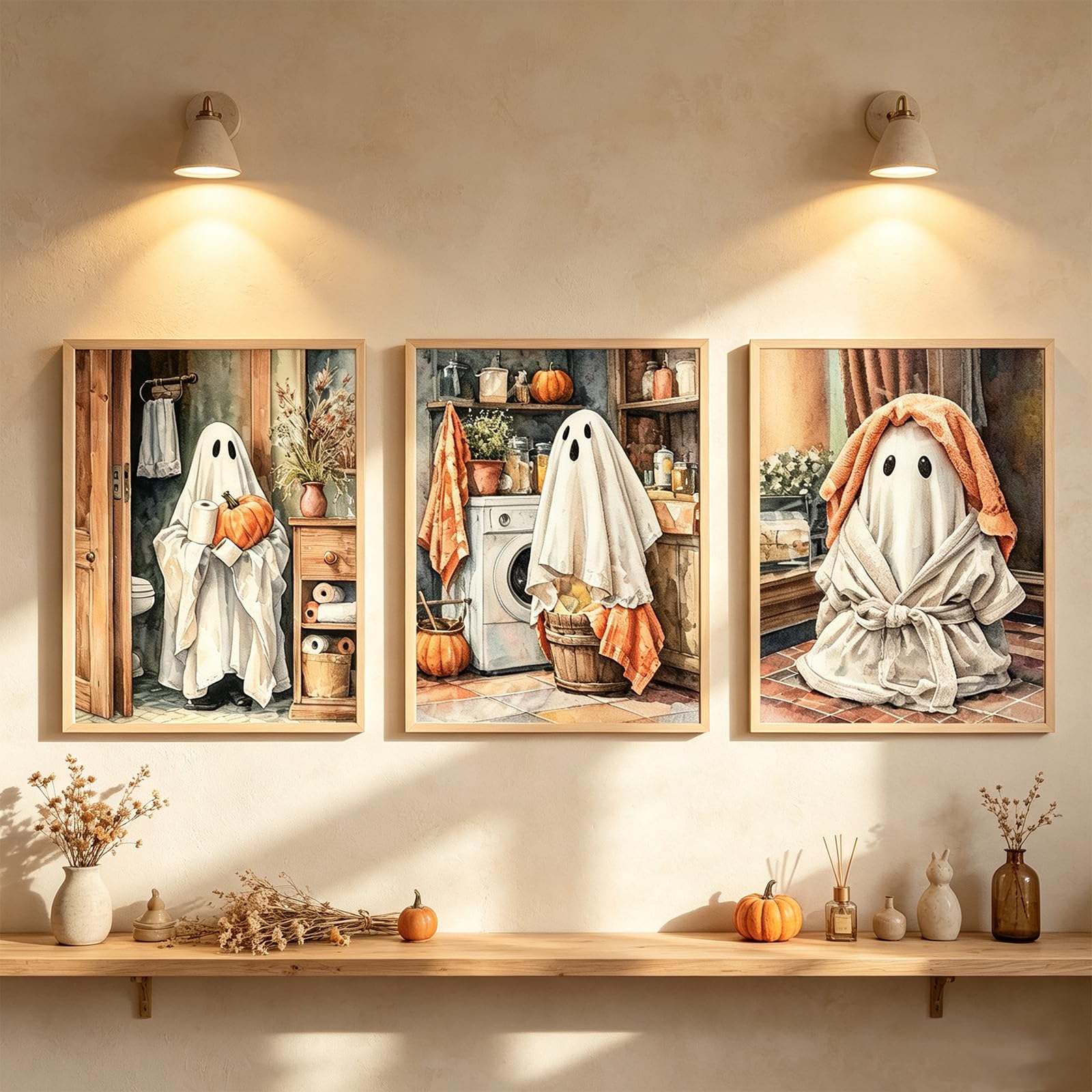 ZBELLO Halloween Ghost Bathroom Wall Art Set of 3, Watercolor Funny Ghost Poster, Pumpkin Vintage Spooky Print, Fall Autumn Decor, Toilet Restroom Decor, Unframed (21x30cm,ghost)