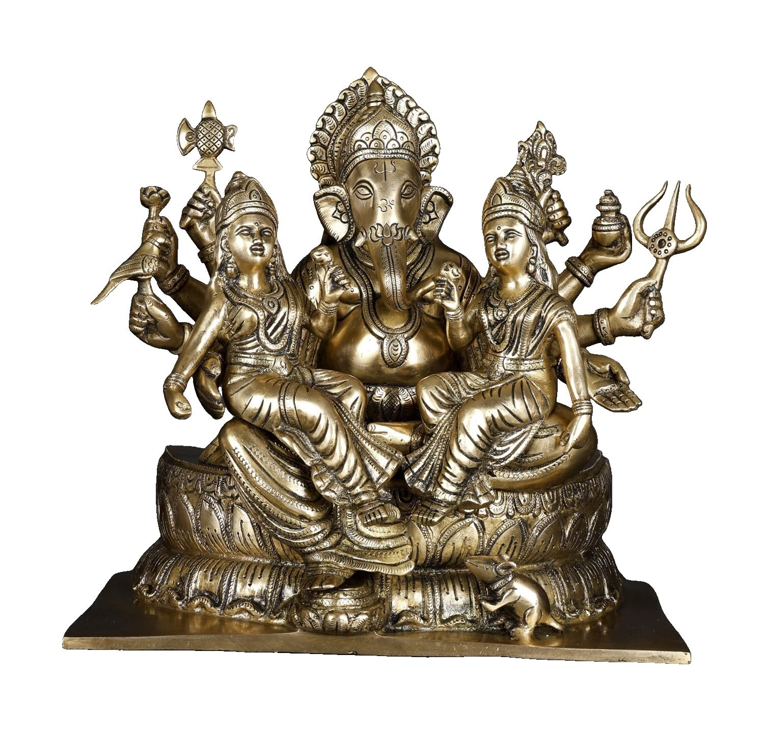 Exotic India 33 cm mosiężna statuetka lorda Ganesha z Riddhi Siddhi siedząca na bożku kwiatu lotosu do pokoju pudży, murti, wystroju domu, biura, dekoracji stołu
