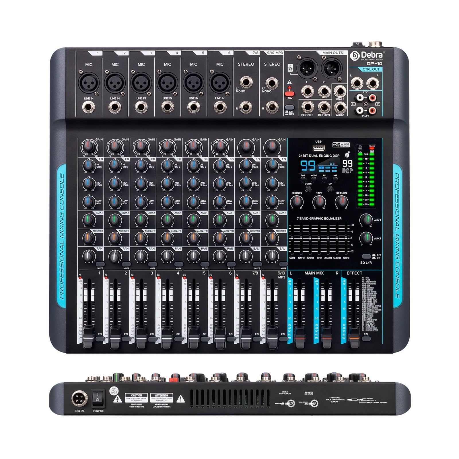 Mezclador de audio, Controlador DJ mezclador Forket 99 DSP FP-10 de 10 canales con reverberación, grabación y mezcla Bluetooth 5.0 rendimiento profesional