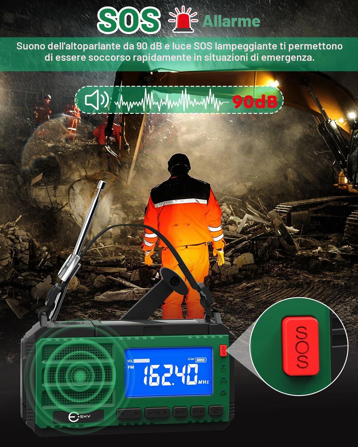 Esky 10000 mAh Radio Manovella AM/FM/NOAA Solare Portatile con Torcia, Bussola, Allarme SOS per Campeggio Emergenza