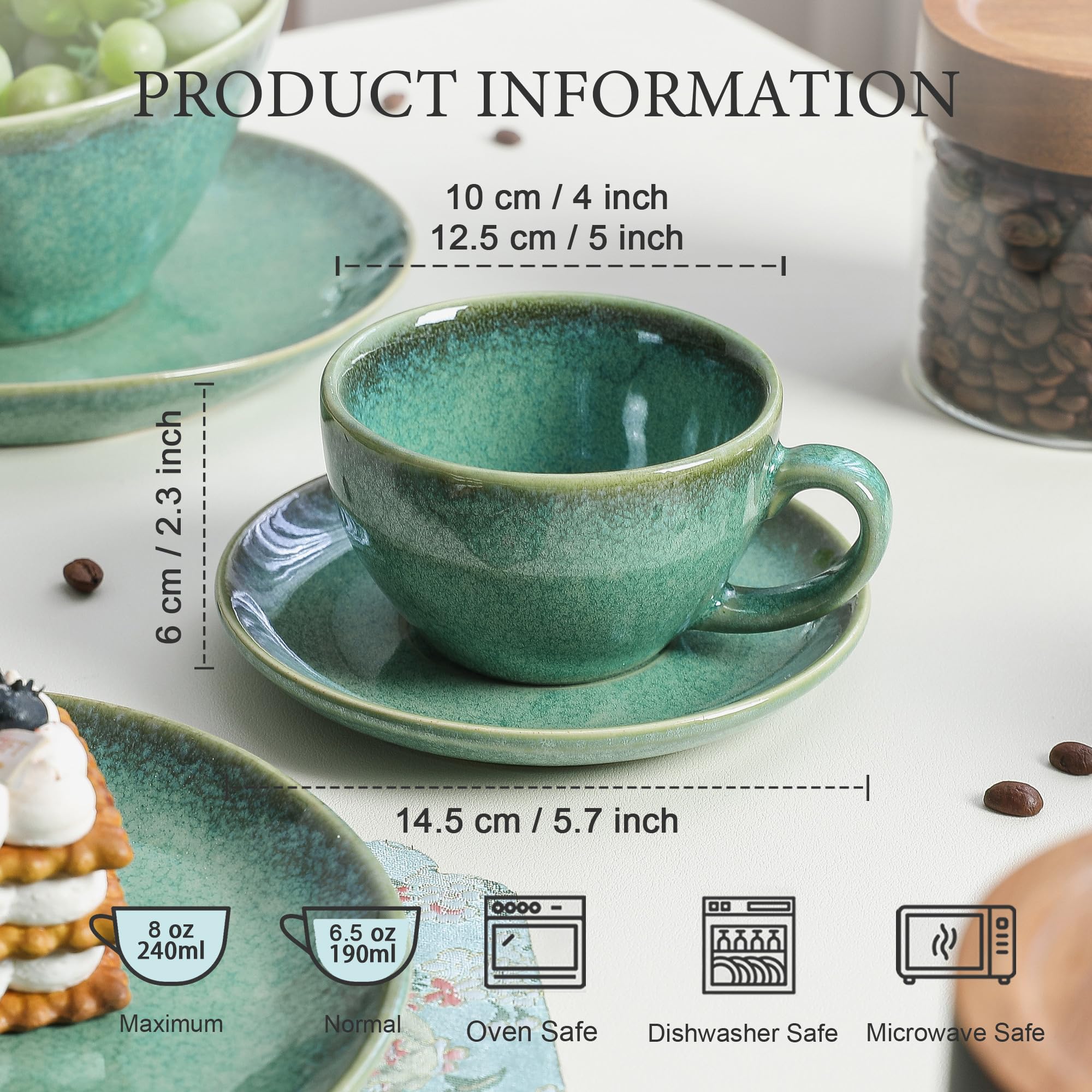 Kaffeeservice Porzellan, Kaffeeset Grün 4er - 240ml, Handmade Kaffeetassen Set für 4 Personen, Beinhaltet Kaffeetassen, Untertassen