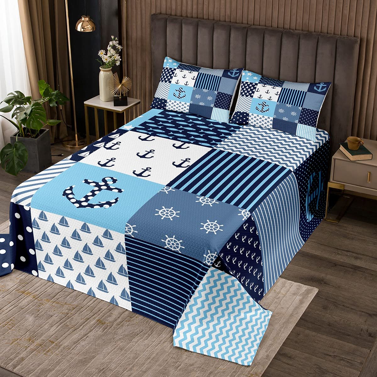 Loussiesd Nautical Bed Throw Navigation Theme Patchwork Day Deck Single Quilted Bedspread Blanket Anchor Compass Sailing Ship Print Quilt for Kids Boys Child Bedroom Decor 2pcs