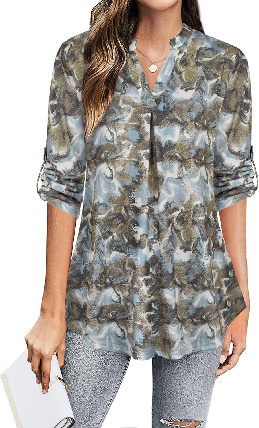 Ninedaily Womens Tops Dressy Casual 3/4 Sleeve V Neck Chiffon Shirt Work Blouses - Image 2