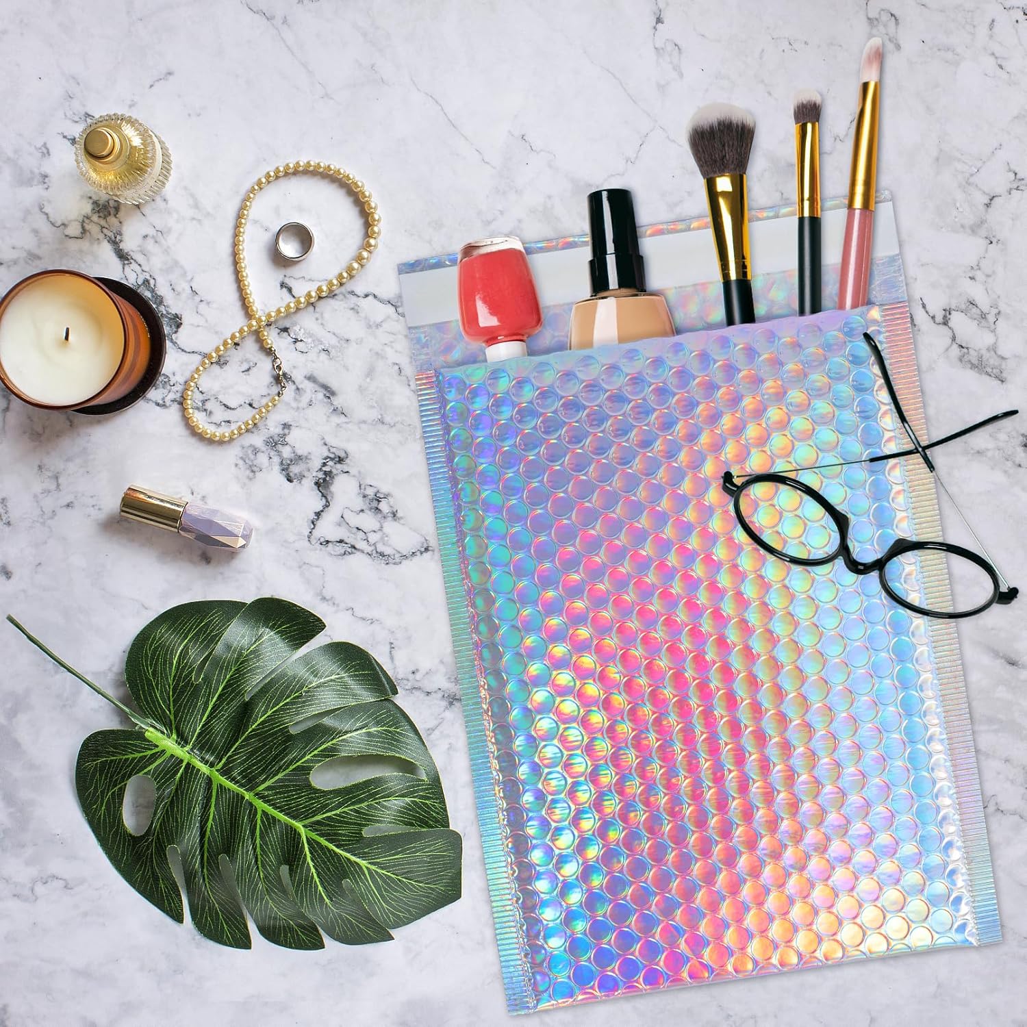 50 PCS Metallic Bubble Mailers,Holographic Self Seal Shipping Mailer,Waterproof Cushion Envelopes for Mailing Packing Small Business,Poly Padded Envelopes