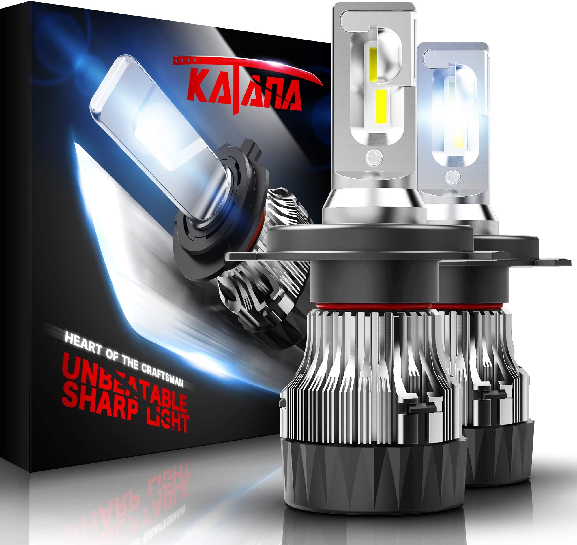 KATANA H4 LED Headlights Bulbs w/Mini Design,10000LM 60W 6500K Cool White Bright 9003 All-in-One Conversion Kit of 2 Halogen Replacement