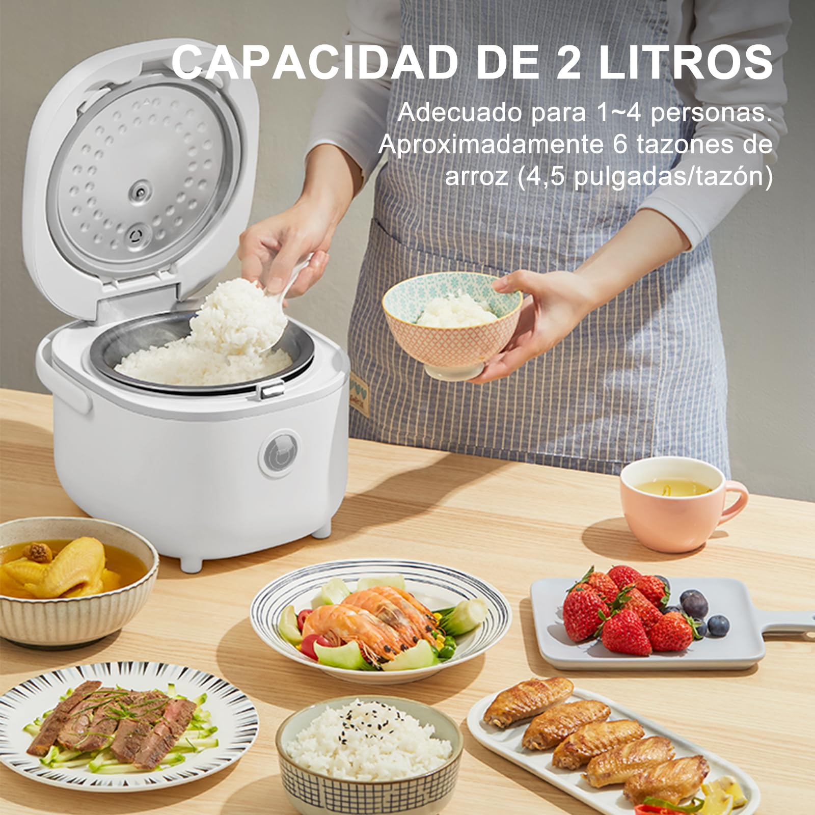 Bear Arrocera de 4 Tazas (sin cocer) con Vaporera, Mini Rice Cooker Multifuncional de 350W,6 Funciones de Cocción de arroz para 2-4 Personas,Blanco