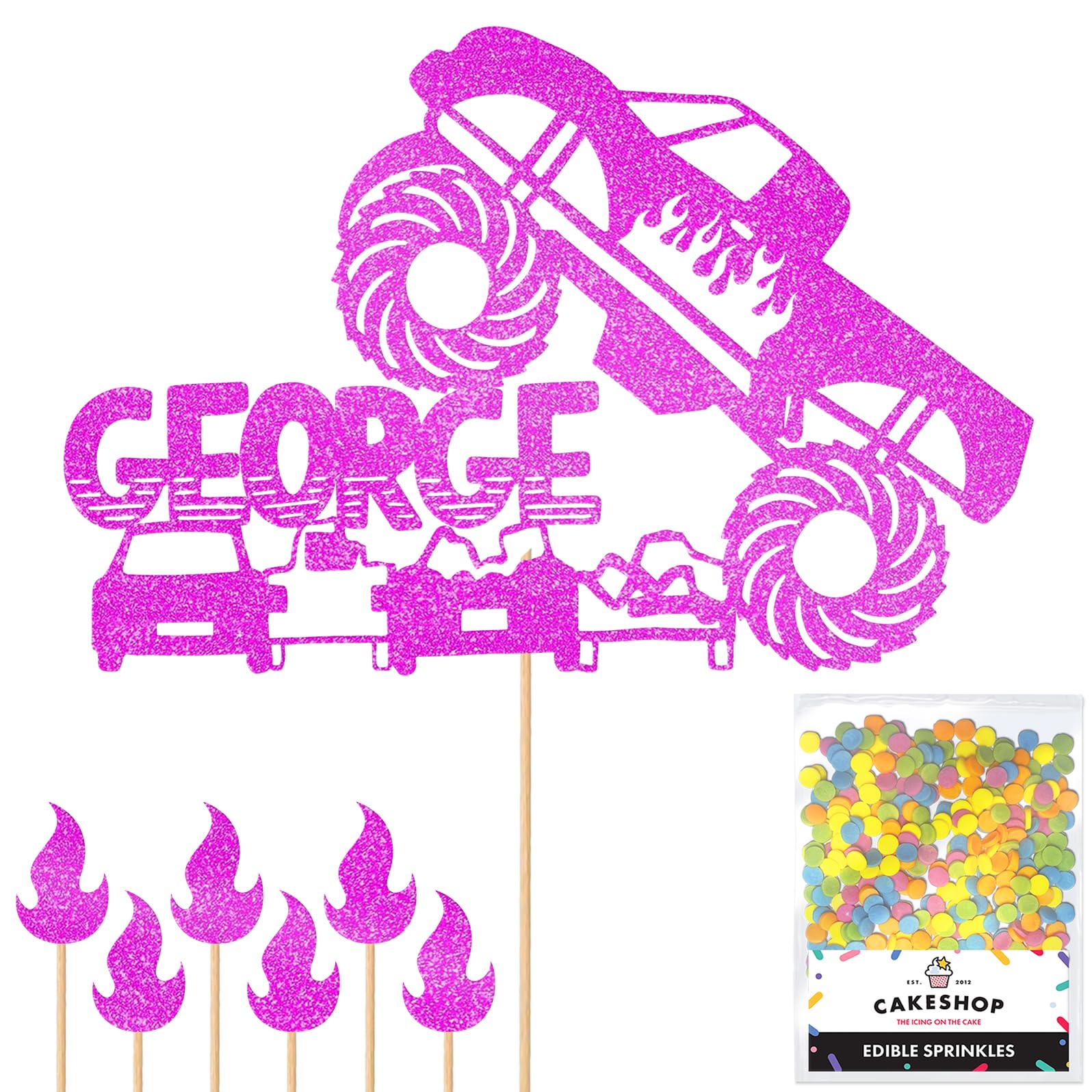 Personalised Off-Road Monster Truck 4x4 Glitter Topper- Pink Custom Name Hot Wheels Glitter Cake Decoration and Sprinkles - Happy Birthday Decorations - Personalised Toppers for Cakes by Cakeshop โ image 1