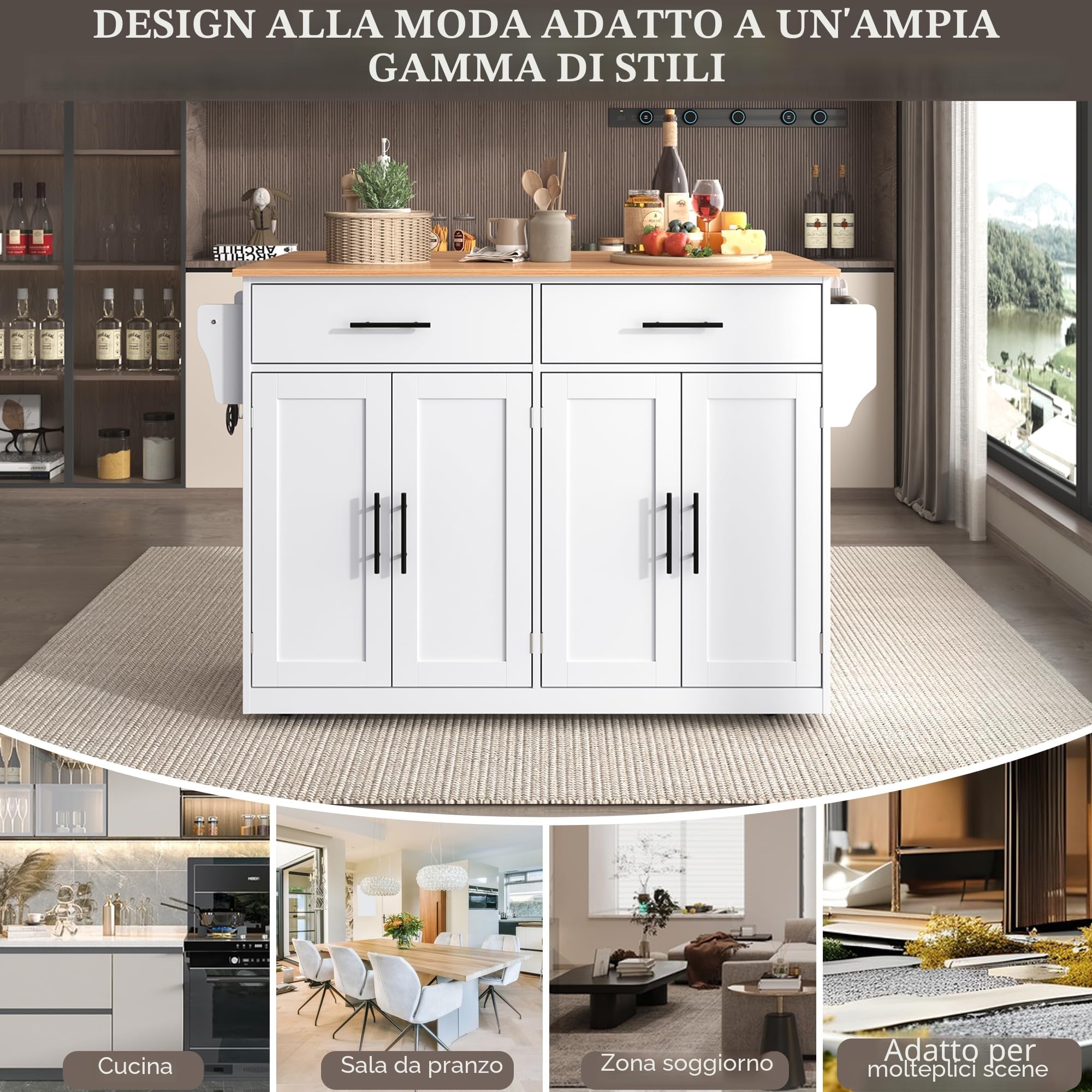 Armadio da cucina con piano di lavoro pieghevole, 120 x 46 (70) x 91 cm, con ruote e gambe in legno intercambiabili, isola da cucina indipendente, per cucina e sala da pranzo (bianco)