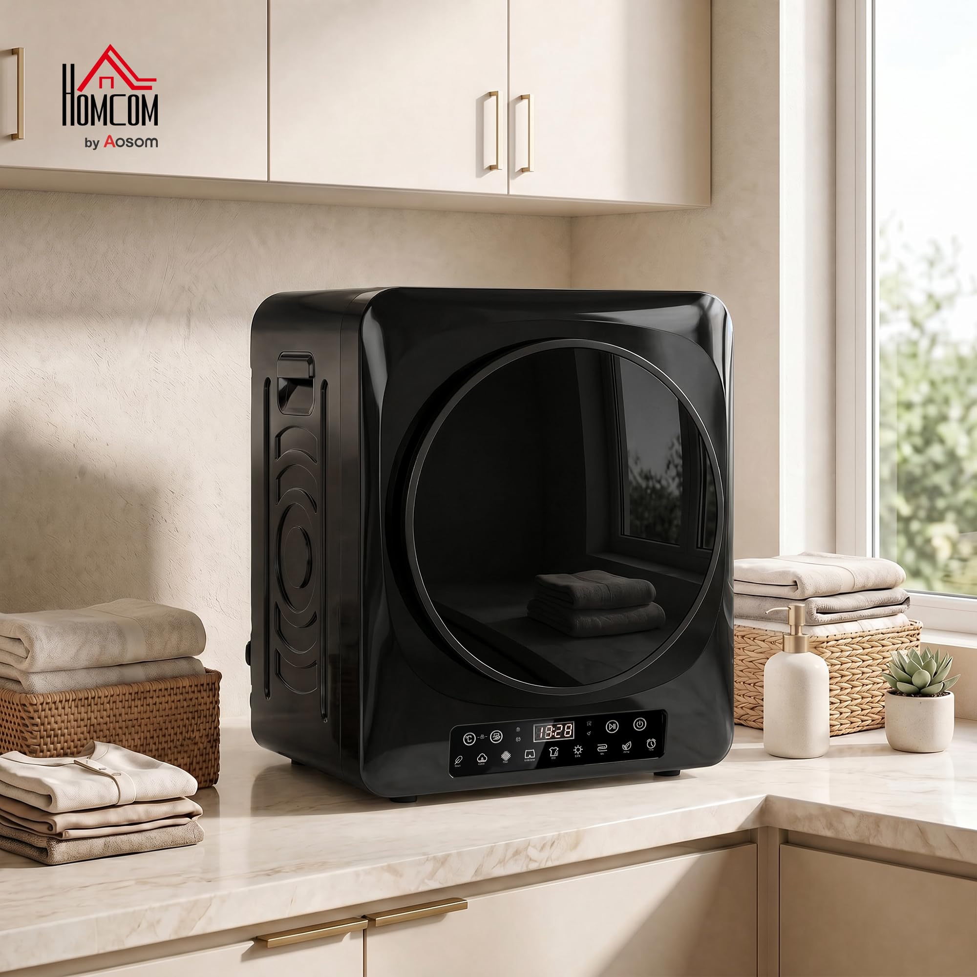 HOMCOM Wäschetrockner 5 kg Mini Ablufttrockner mit 9 Programmen bis zu 60℃, 1000W Trockner mit Knitterschutz, Doppelfilter, LED-Touchscreen, Timer, Kindersicherung für Wohnmobile, Haus, Schwarz