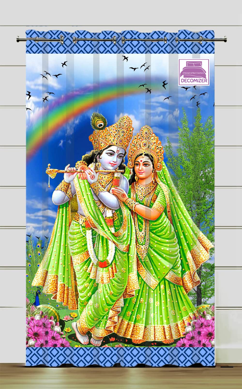 DECOMIZER 7Ft Grommet Curtains Door Curtain Pack Of 1 Pc|3D God Blue Radhey Krishna Digital Printed Home Furnishing Polyresin Curtain For Indian Festival- Diwali, Mandir,Temple&Pooja Ghar|4 X 7 Ft, Set Of 1