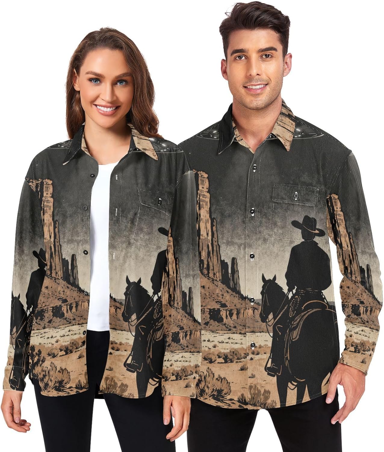 UFO Cowboy Illustration Woolen Cord Fabric Mens Rugby Shirts Long Sleeve for Women Clothes with Pockets