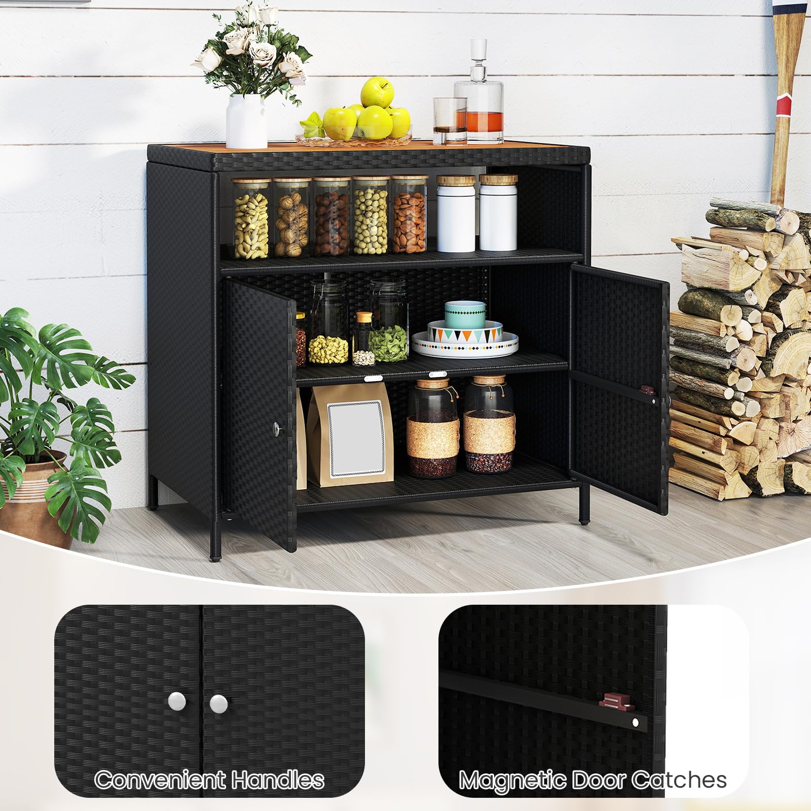GIANTEX Armoire de jardin buffet en rotin avec plan de travail et étagère, armoire d'appoint pour jardin, balcon et piscine, 90 x 53 x 86 cm, noire