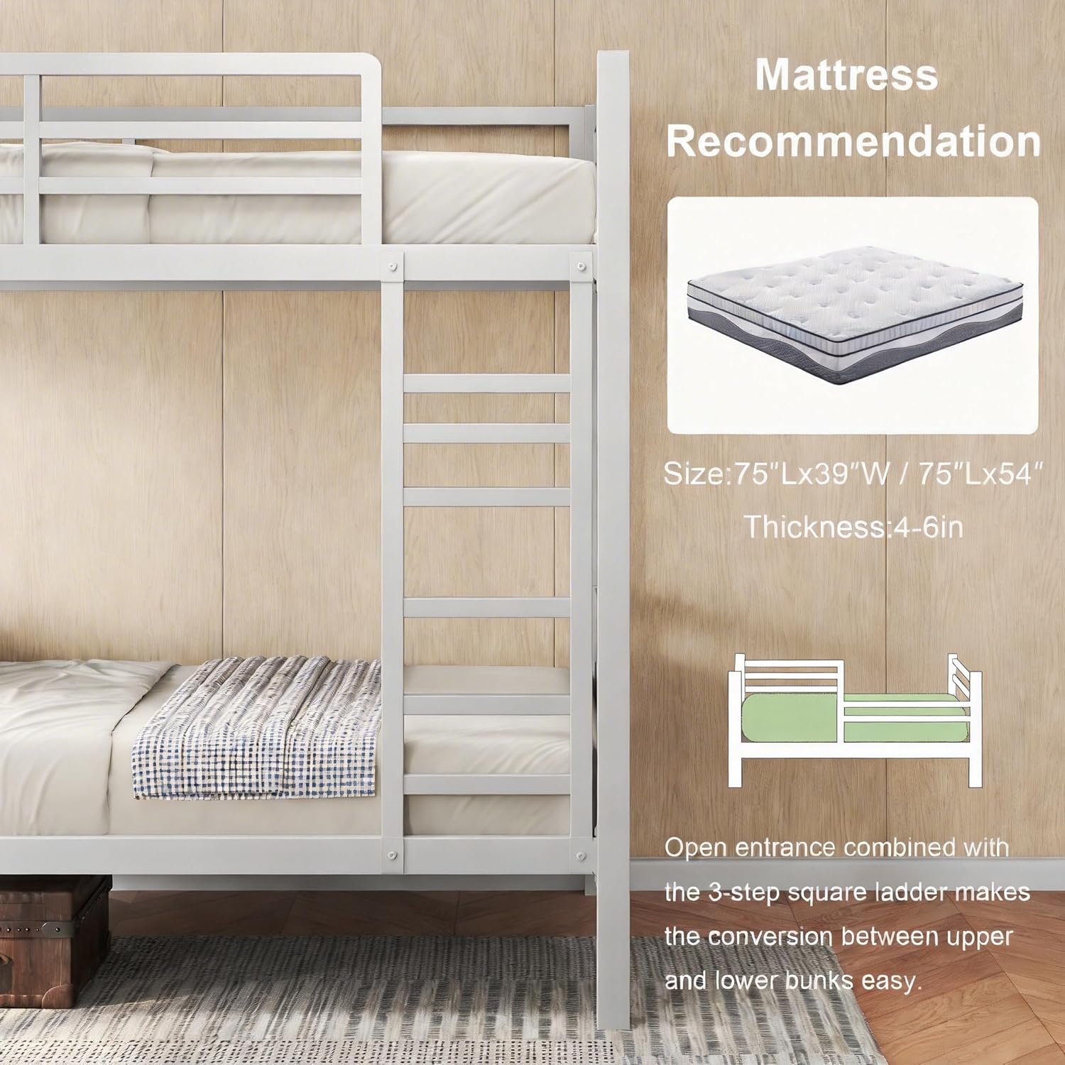 Metal Bunk Bed Twin Over Twin, Heavy Duty Steel Frame with Full-Length Guardrail, Space-Saving Design with Under-Bed Storage, No Box Spring Needed, Noise-Free, Easy Assembly, White