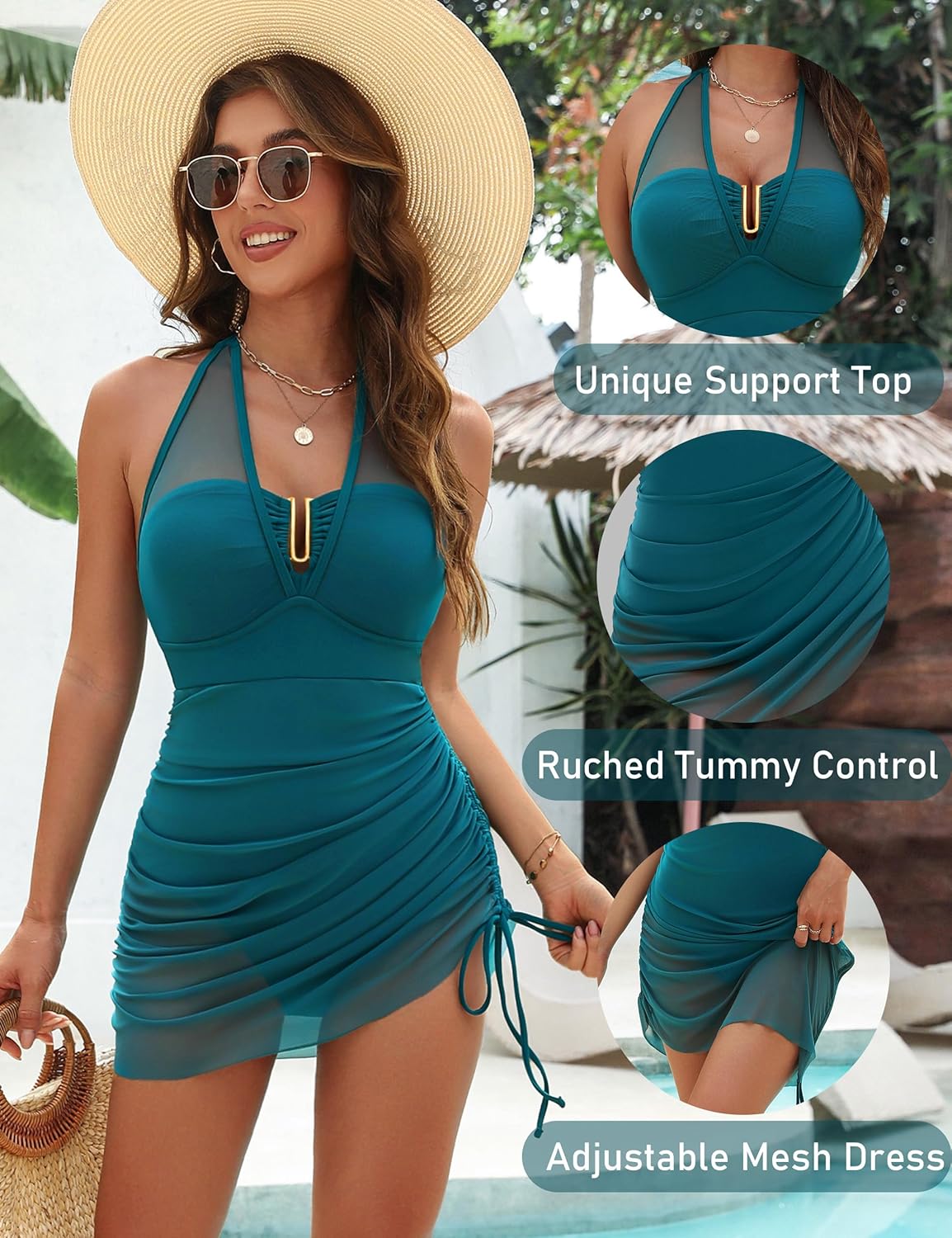 BMJL Womens One Piece Swimsuit Tummy Control Swim Dress Slimming Mesh Sheer Halter Sarong Wraps Bathing Suit - Image 4