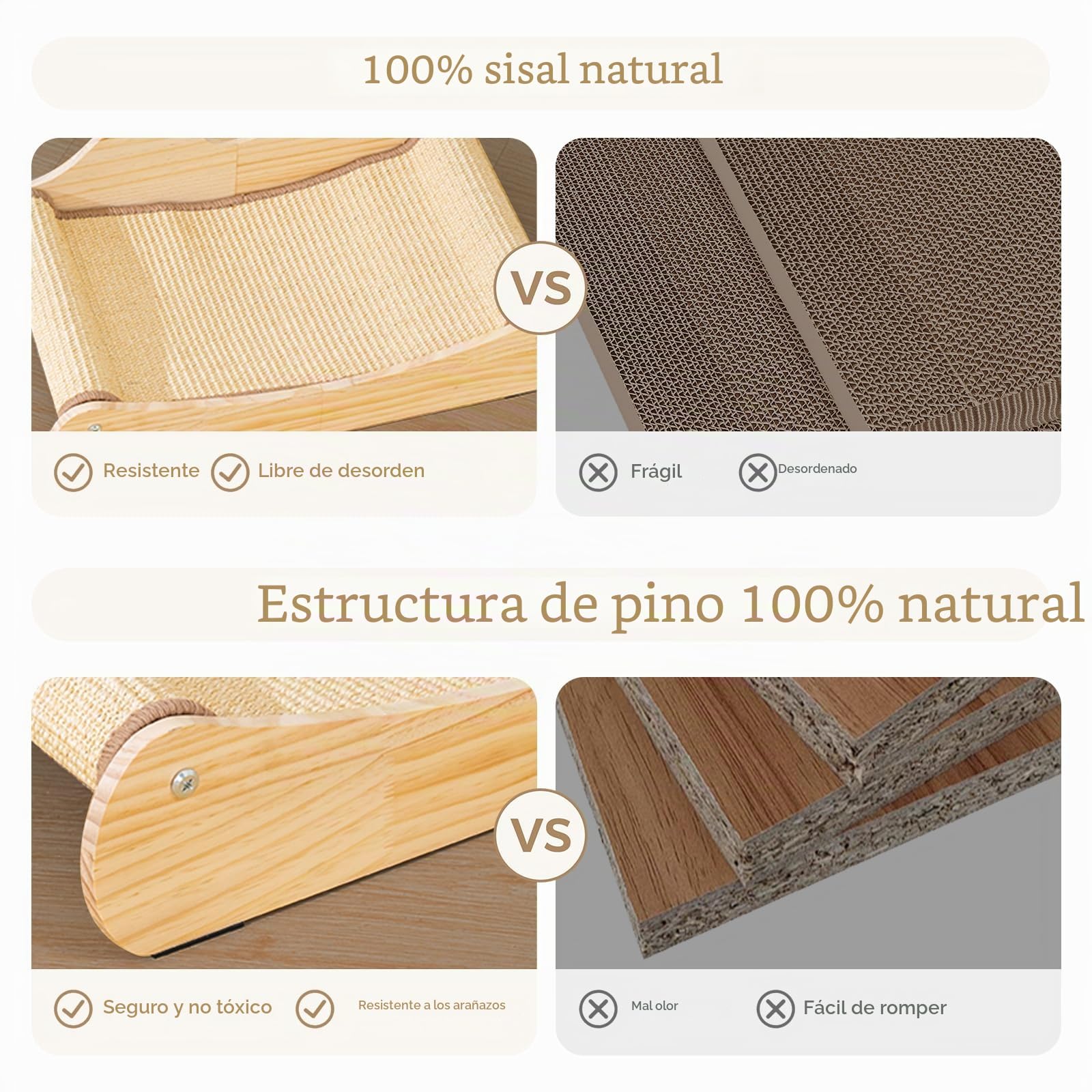 Avont Cama para Gatos Rascadora 2 En 1 De Sisal Natural, Tumbona De Madera Maciza Resistente, Sofá Rascador Sin Ensuciar para Gatos De Interior, Protector De Muebles, Tamaño Grande 58 Cm | Rascador horizontal sin ensuciar, grande