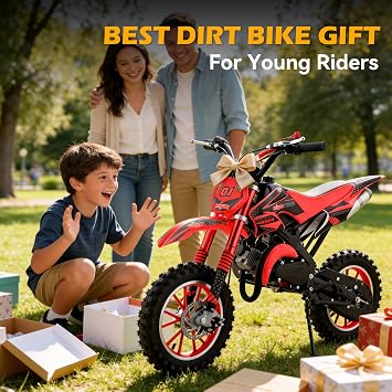 50cc Dirt Bike for Kids 8-14,2-Stroke Gas Powered Mini Bike with Front Rear Disc Brakes,10 Inch Off-Road Tires with Smoother Start & Stable Ride,Max Speed 40mph, Shock Absorption(red, 2 Stroke)