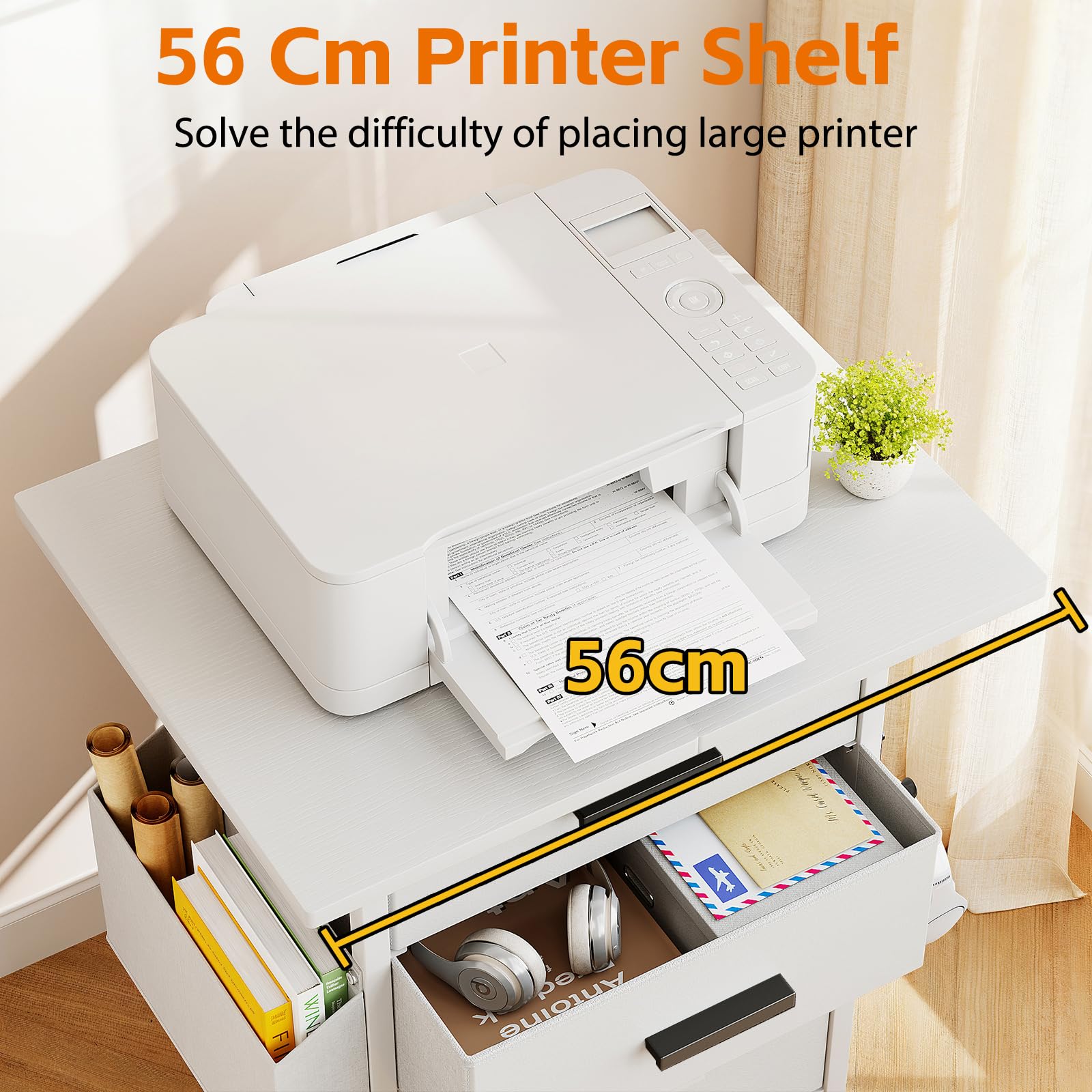 CAIYUN Cassettiera arrotolabile, con 3 cassetti e ruote, per documenti in formato A4, supporto per stampante con una larghezza del tavolo di 56 cm, design industriale, bianco
