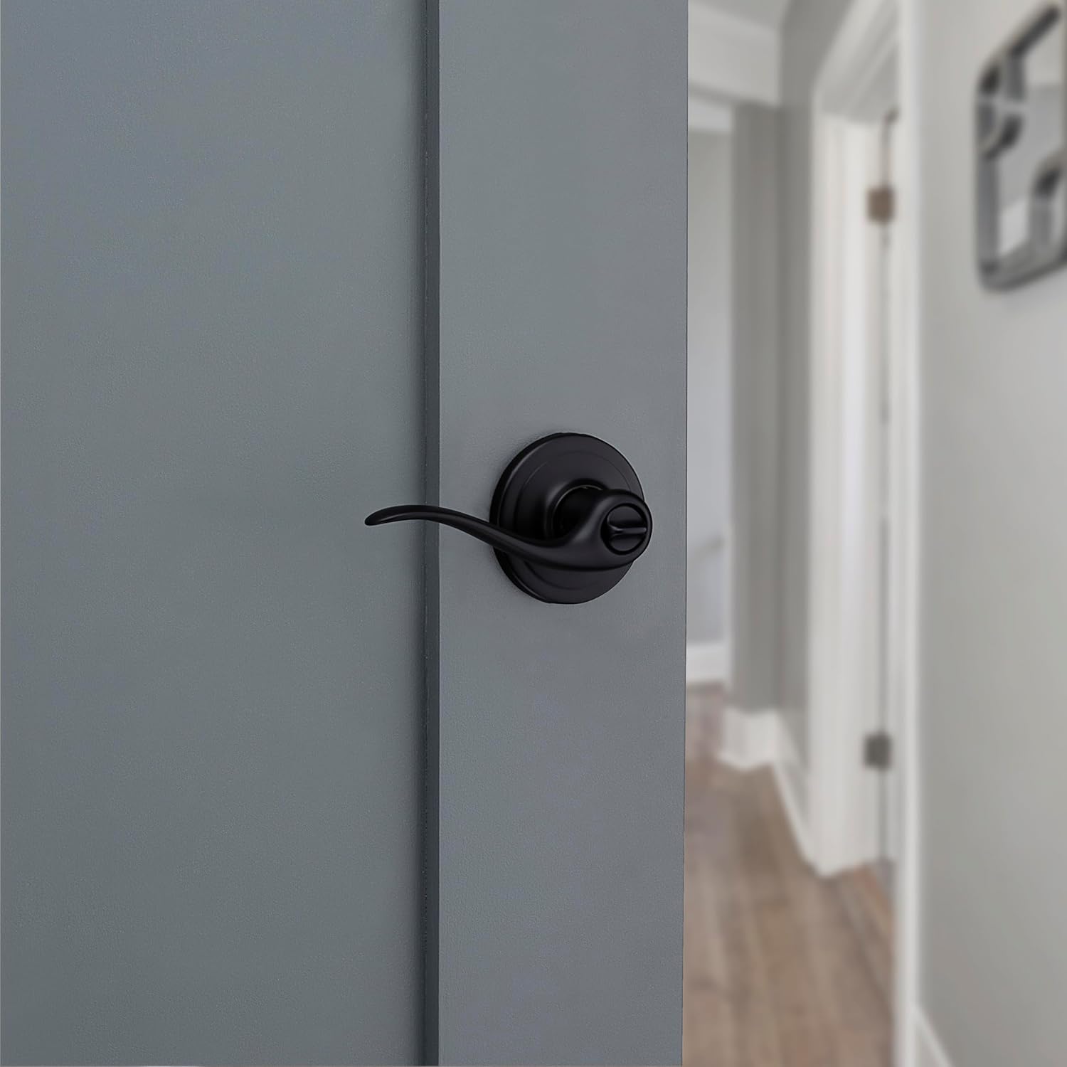 Kwikset Tustin Interior Privacy Door Handle with Lock, Door Lever For Bathroom and Bedroom, Matte Black Reversible Keyless Push Button Lock Door Lever, with Microban Protection