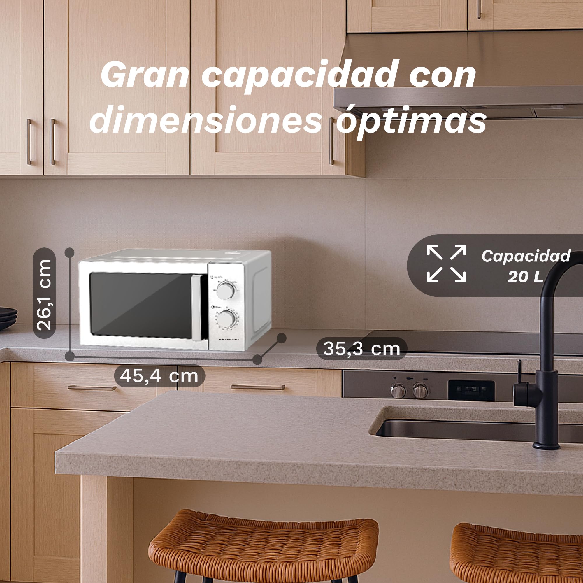 Grunkel - Microondas en color acero inoxidable de 20L y 700W y 5-6 niveles de potencia Sin/Con Grill +900W Función descongelación y temporizador hasta 35 minutos (Con Grill)