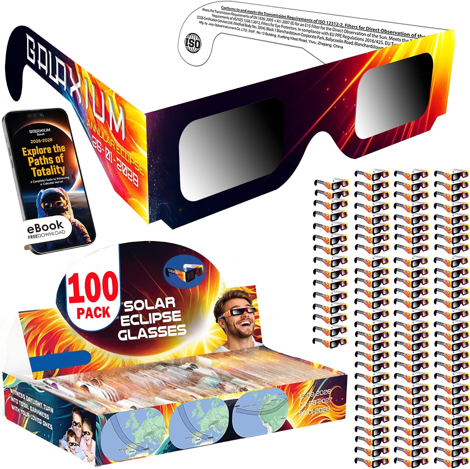 Galaxium 6/12/25/50/100 Pack Solar Eclipse Glasses 2026 ISO 12312-2 Certified | Trusted for Direct Solar Eclipse Viewing