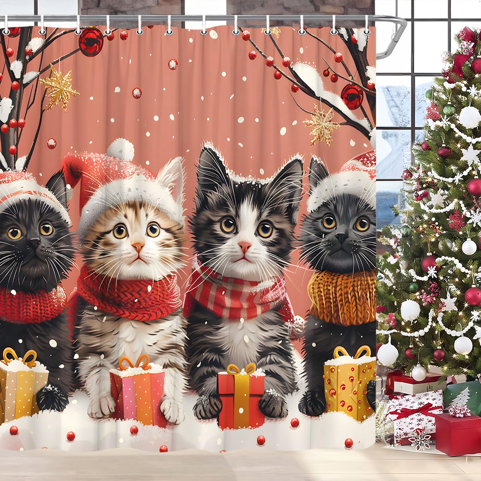 UOZXOML Christmas Cat Shower Curtain Winter Cute Kitten with Xmas Hat Snowflake Tree Branch Red Ball Lovely Animal Pet Lover Happy New Year Fabric